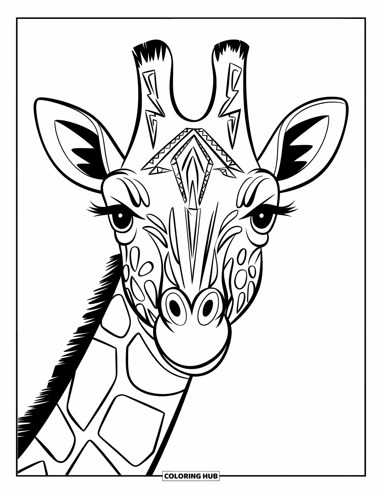 Disegno di giraffa da colorare per adulti: un ritratto dettagliato di una giraffa con occhi espressivi e motivi decorativi di ispirazione tribale
