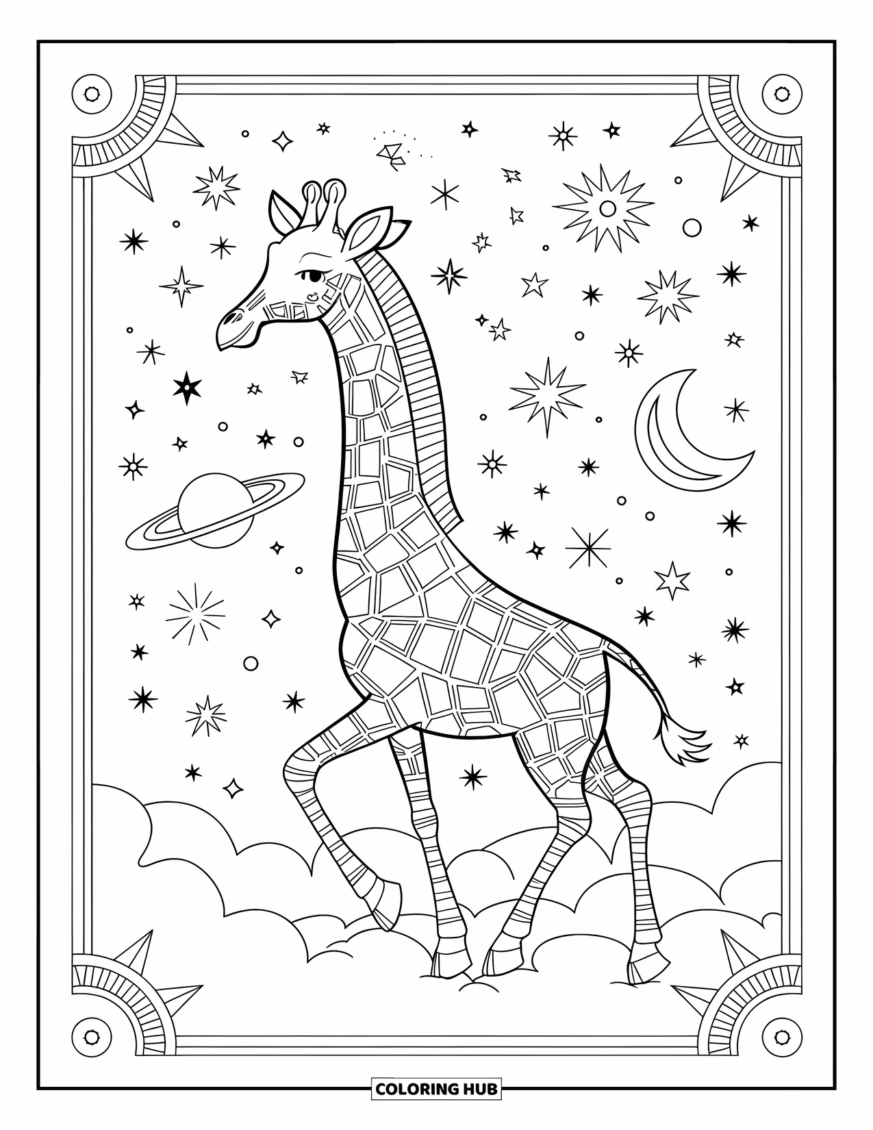 Disegno di giraffa da colorare per adulti: una giraffa onirica in piedi su una nuvola sotto un cielo stellato pieno di dettagli celesti