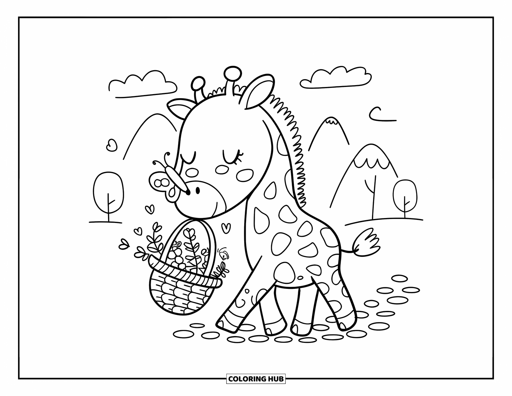 Disegno di giraffa da colorare per adulti: una giraffa che trasporta un cesto di fiori percorre un sentiero acciottolato con una farfalla sul naso