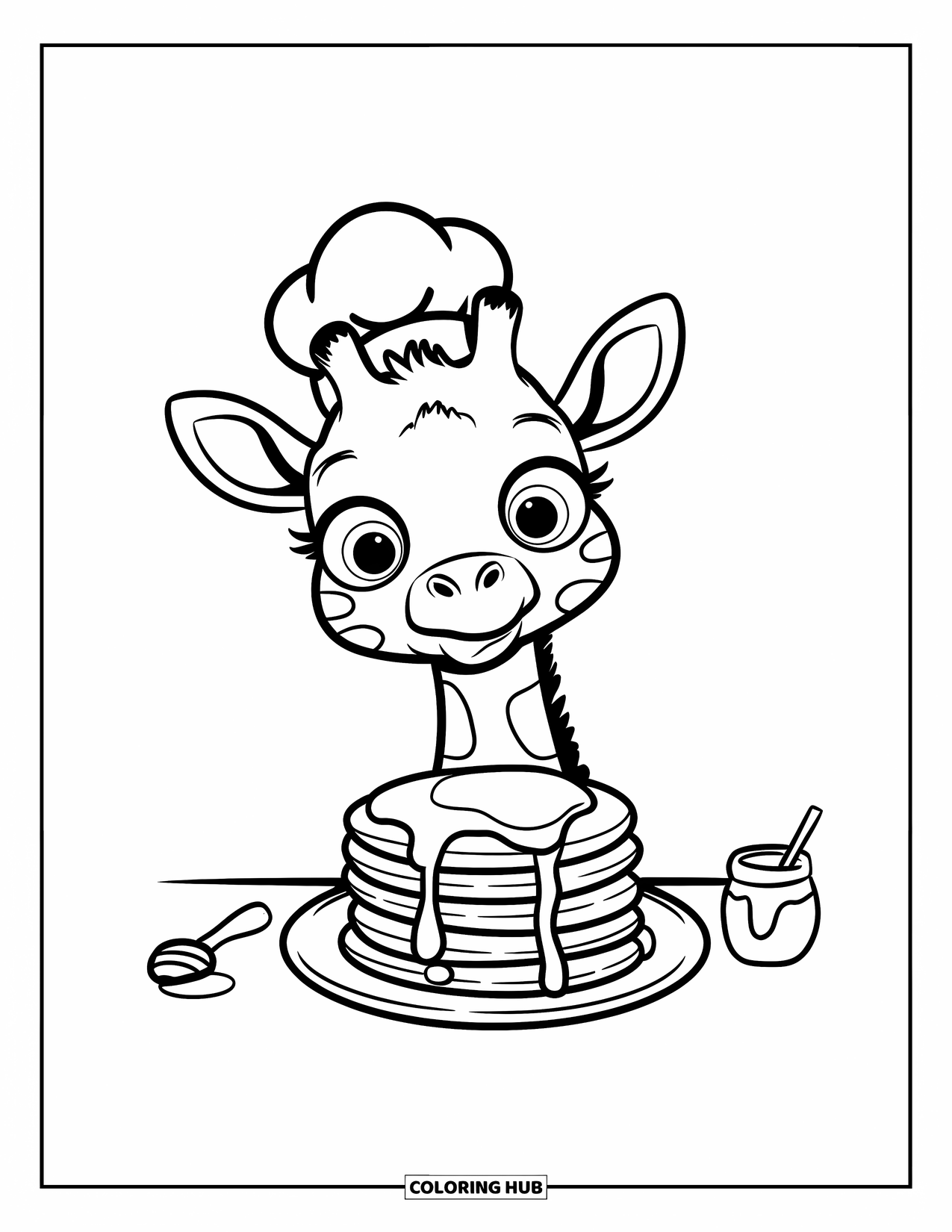 Disegno di giraffa da colorare per adulti: una giraffa chef inclina la testa verso un piatto di pancake, un barattolo di miele e un cucchiaio nelle vicinanze