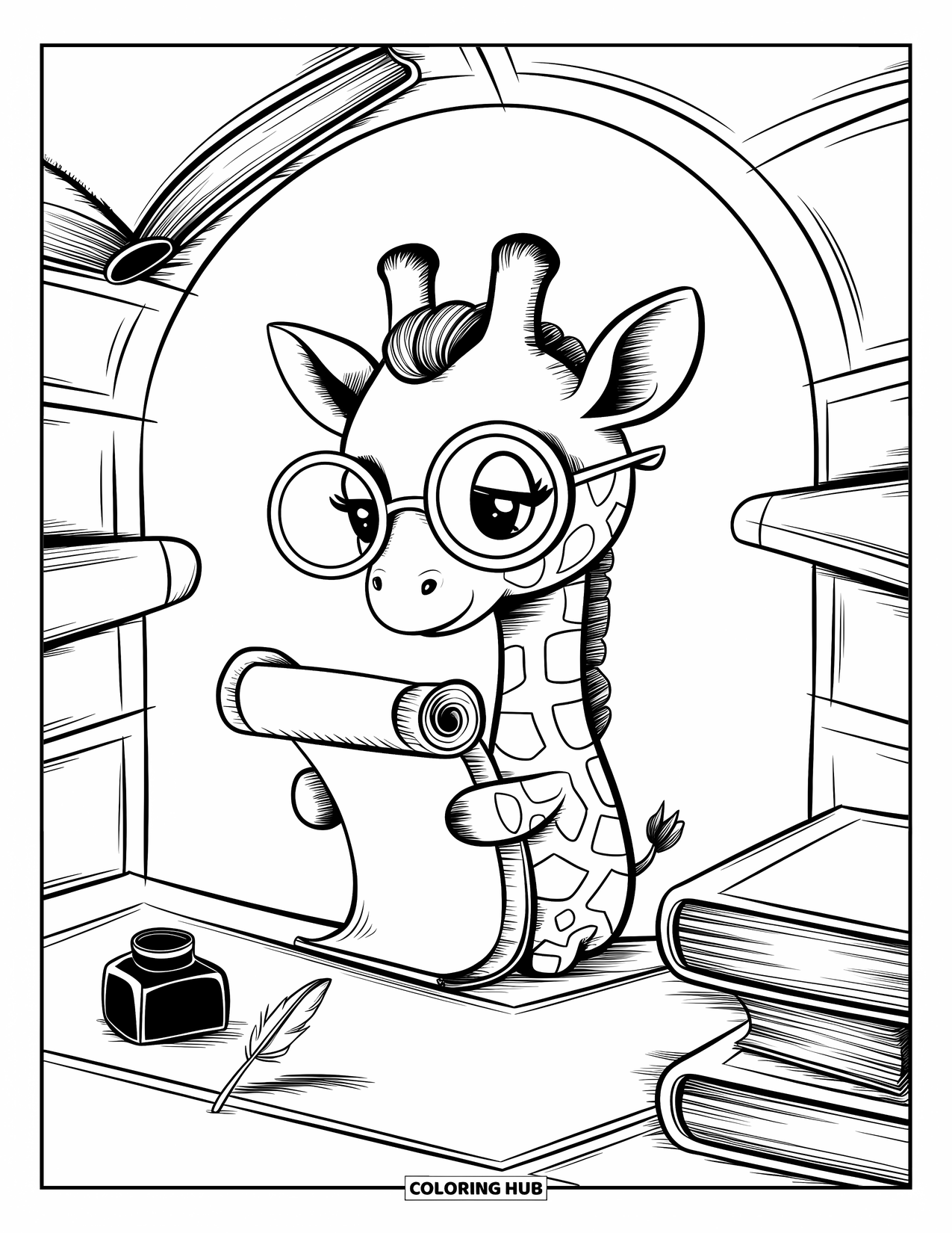 Disegno di giraffa da colorare per adulti: una giraffa con gli occhiali si trova vicino a libri e un calamaio mentre legge un rotolo