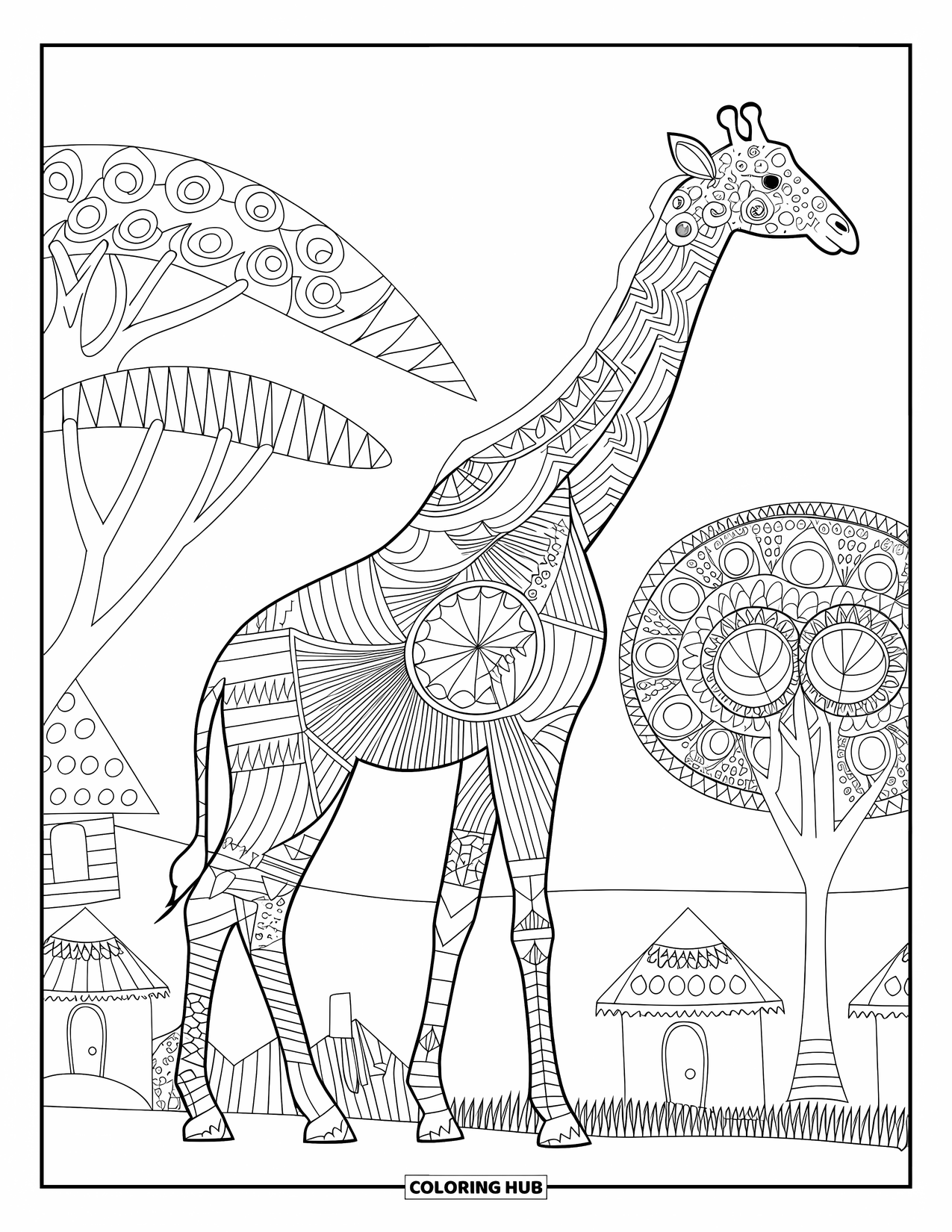 Disegno di giraffa da colorare per adulti: una silhouette di giraffa adornata con motivi di ispirazione africana, in piedi vicino a un villaggio tradizionale