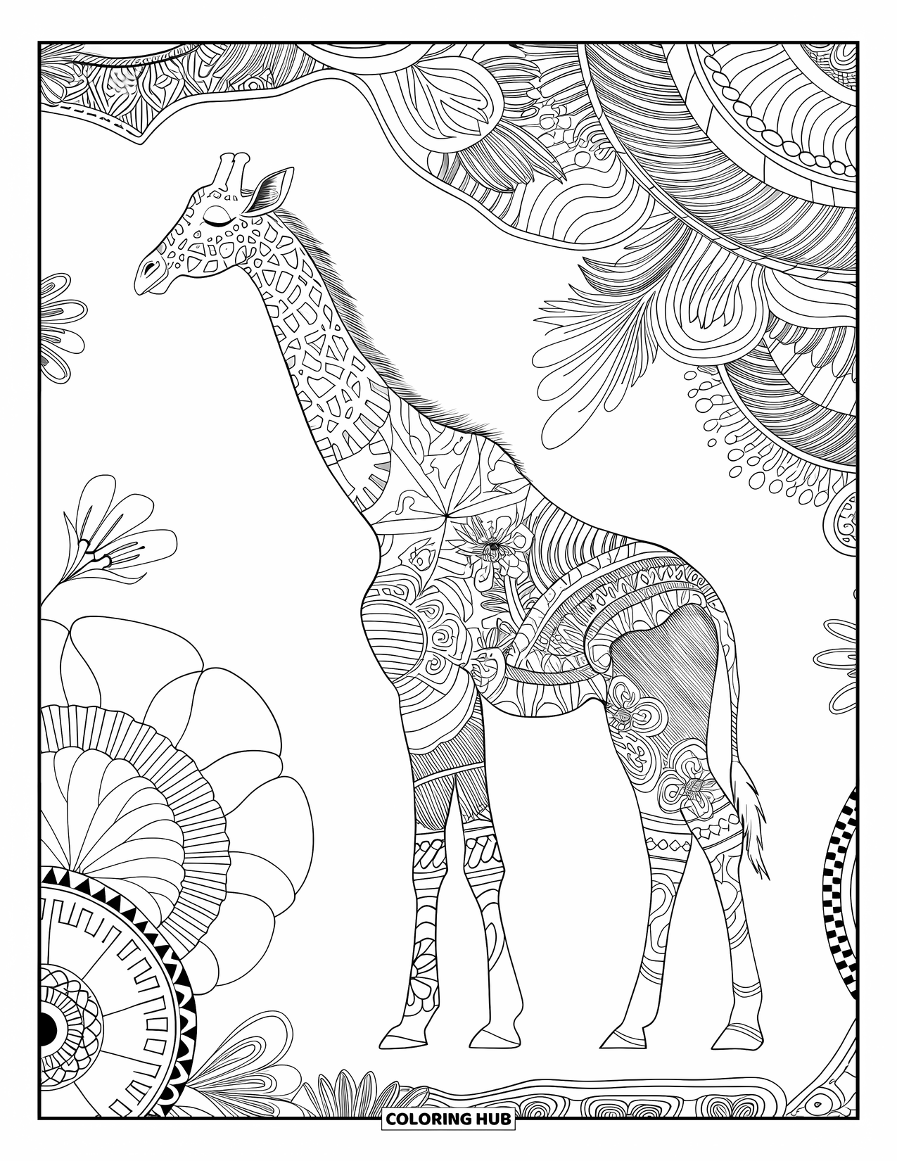 Disegno di giraffa da colorare per adulti: una silhouette di giraffa riempita con disegni geometrici e floreali su uno sfondo riccamente decorato