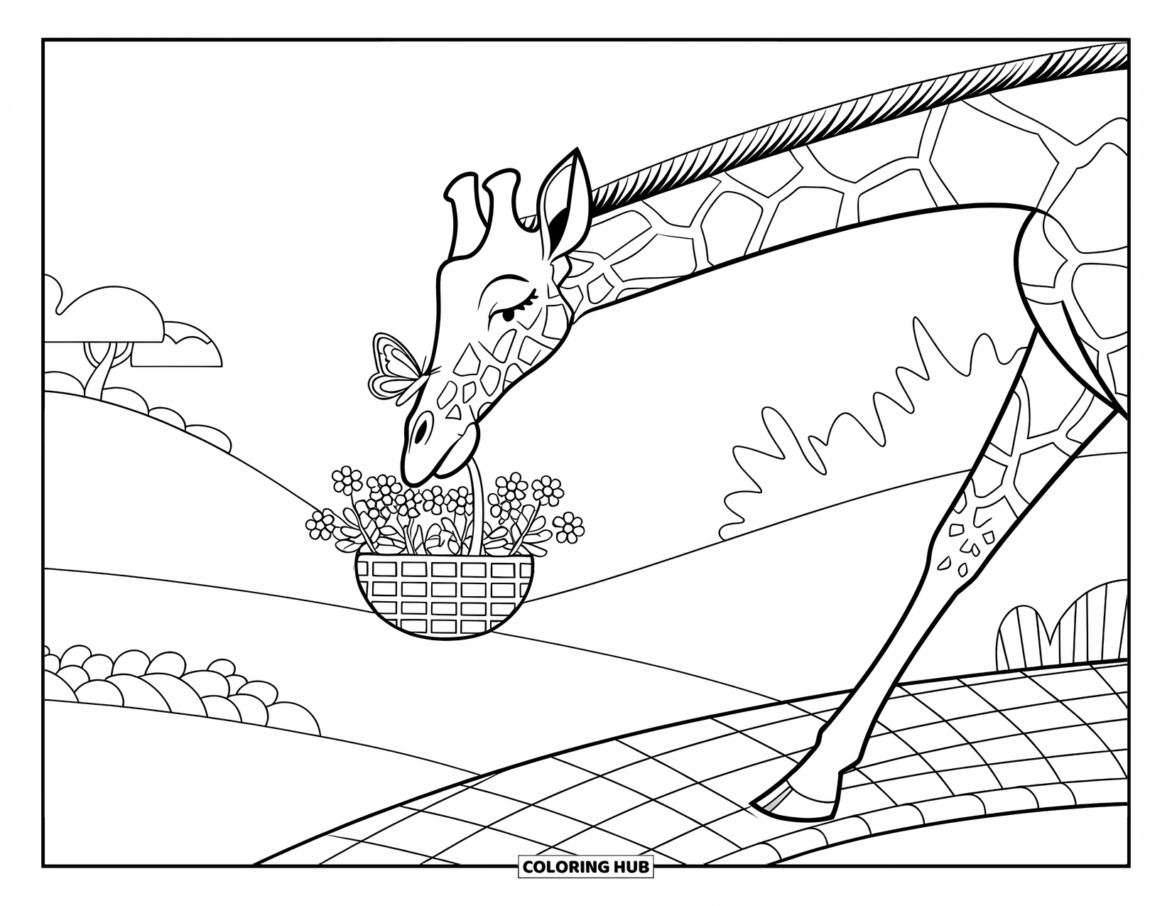 Disegno di giraffa da colorare per adulti: una giraffa con un cesto di fiori passeggia lungo un sentiero acciottolato mentre una farfalla si posa sul suo naso
