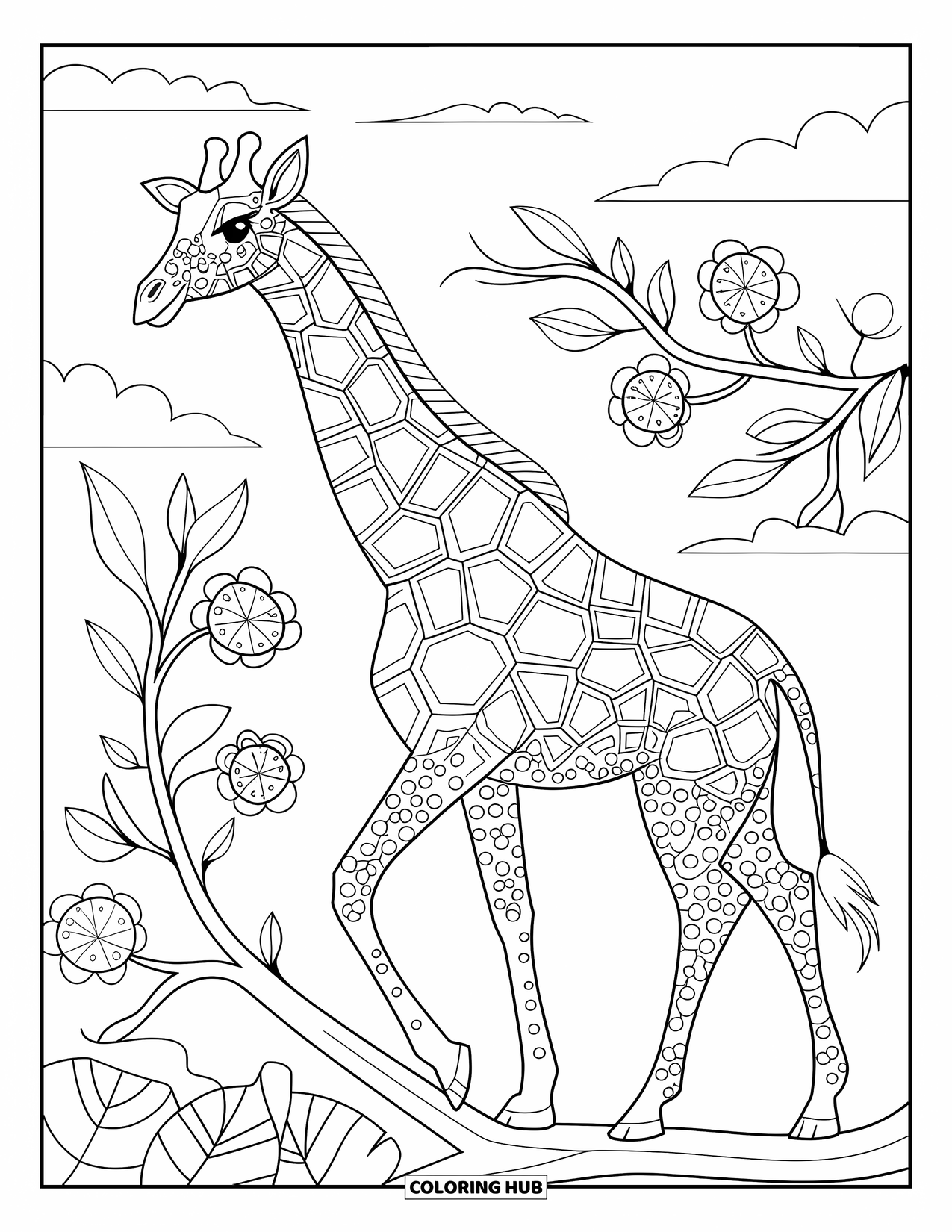Disegno di giraffa da colorare per adulti: una giraffa con un disegno ispirato al mandala, in piedi su un ramo adornato di fiori e viti