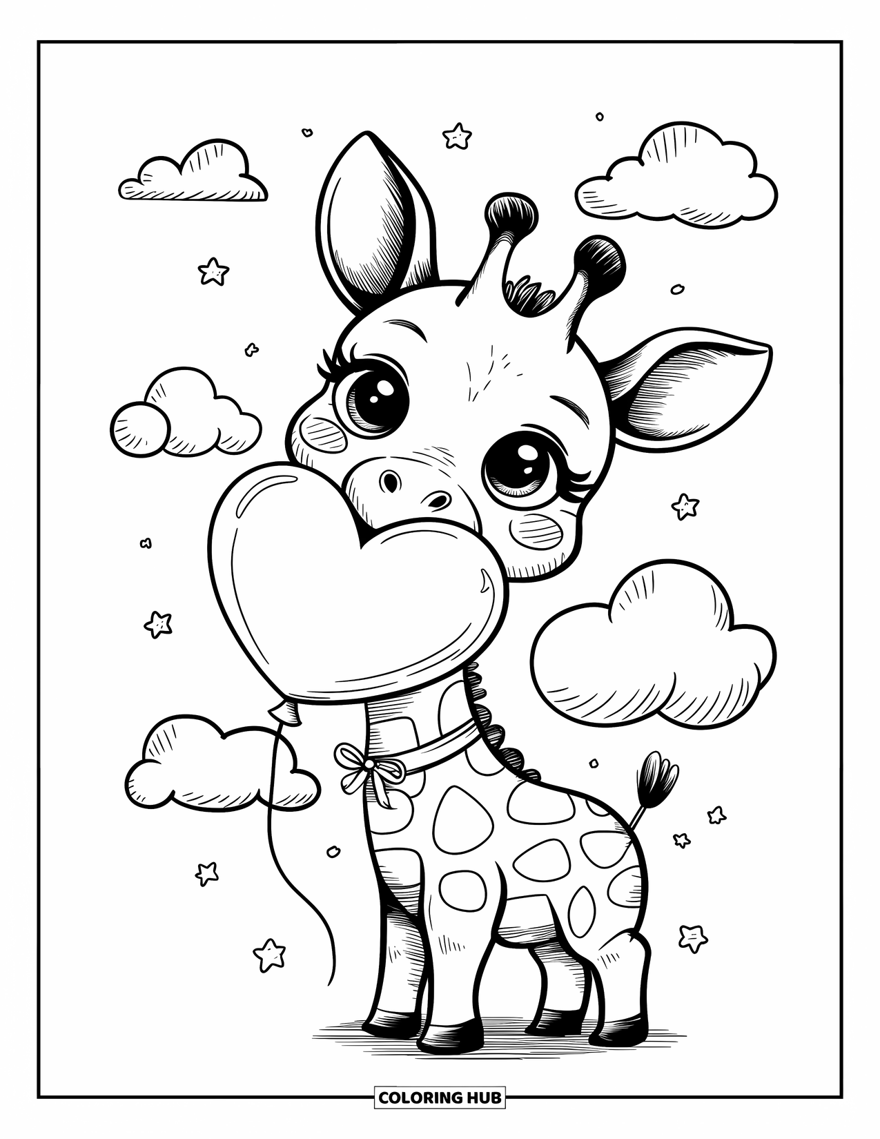 Disegno di giraffa da colorare per adulti: una giraffa con un nastro intorno al collo tiene un palloncino a forma di cuore mentre le stelle brillano