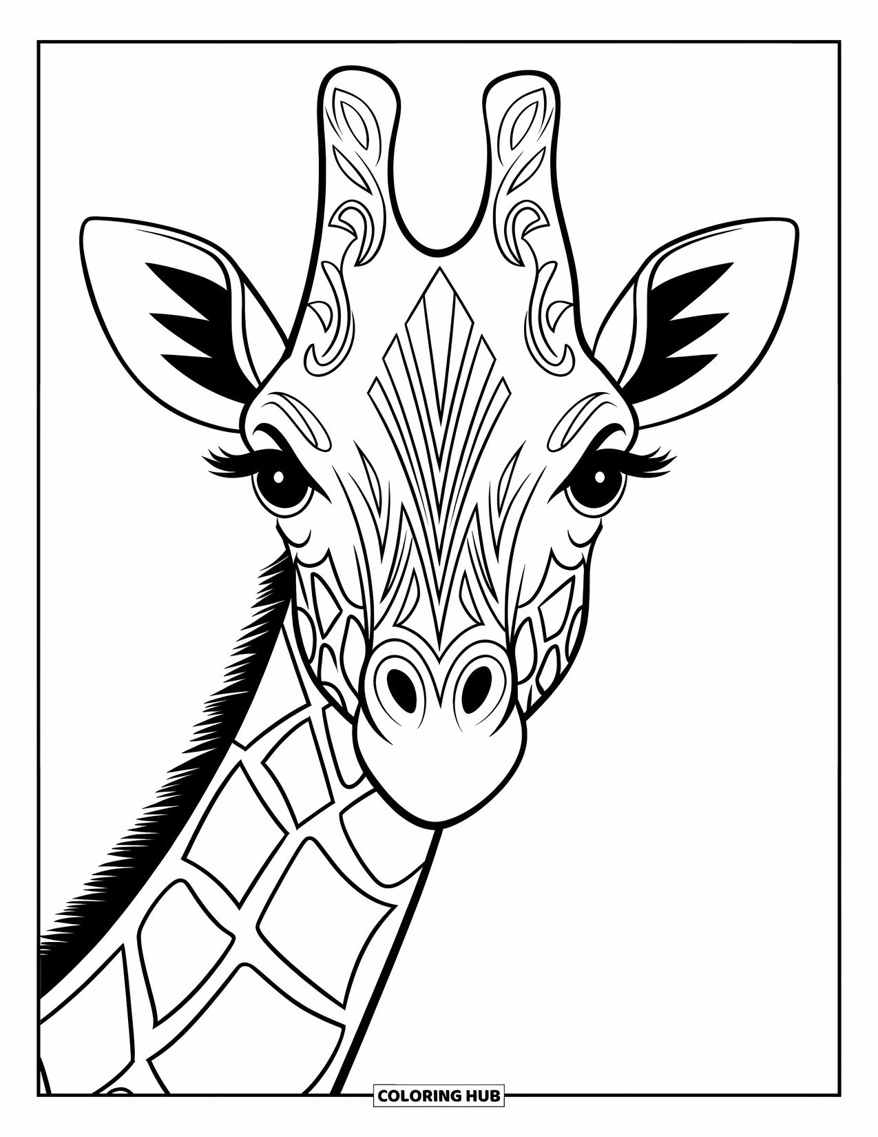 Disegno di giraffa da colorare per adulti: una giraffa con un sorprendente design tribale, caratterizzato da motivi audaci e occhi profondi ed espressivi