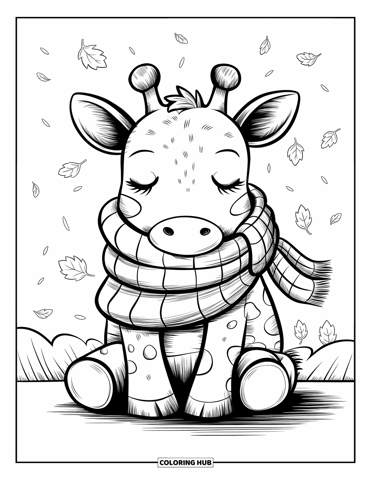 Disegno di giraffa da colorare per adulti: una giraffa con una sciarpa oversize siede pacificamente mentre le foglie fluttuano intorno