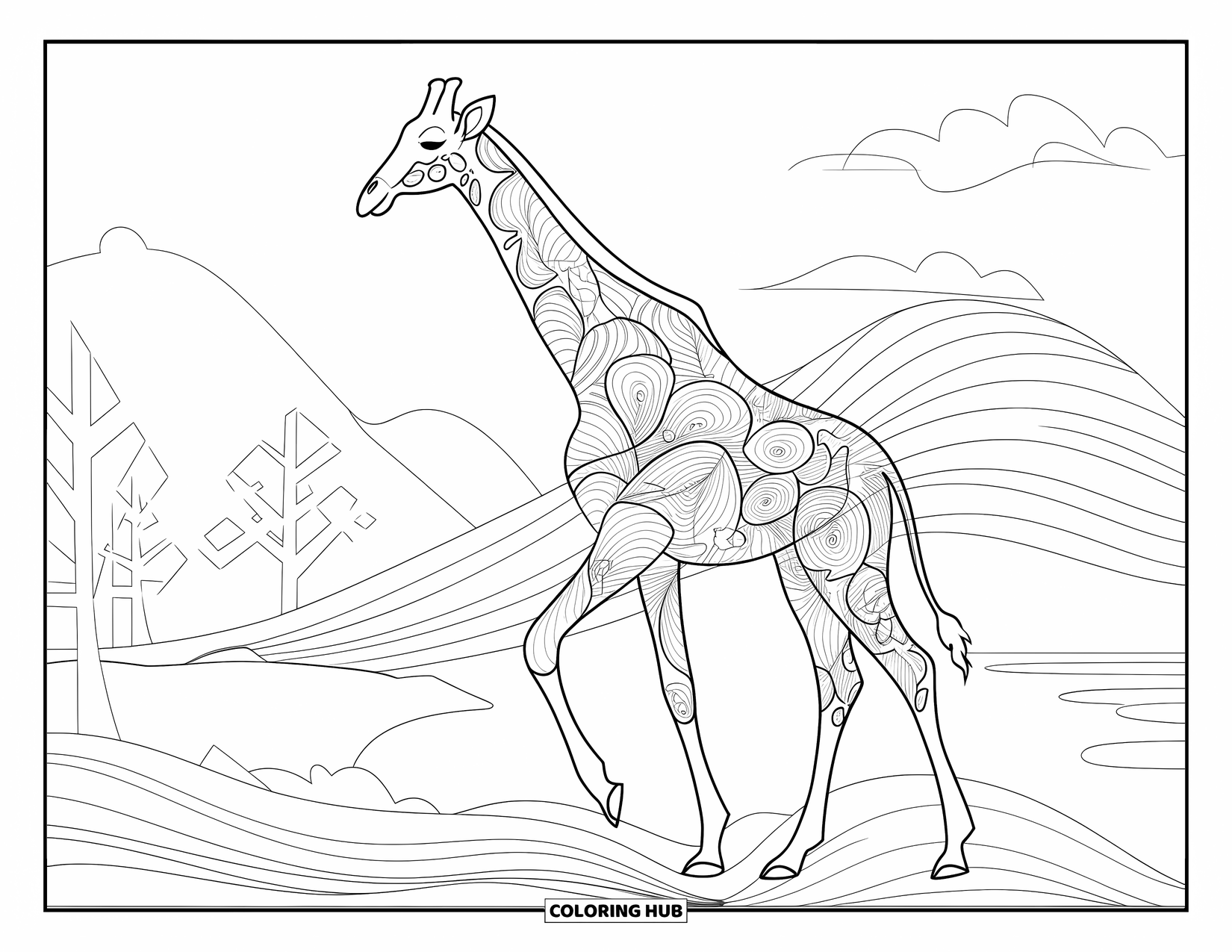 Disegno di giraffa da colorare per adulti: una giraffa con motivi decorativi fluenti, ambientata in un paesaggio tranquillo con montagne e alberi