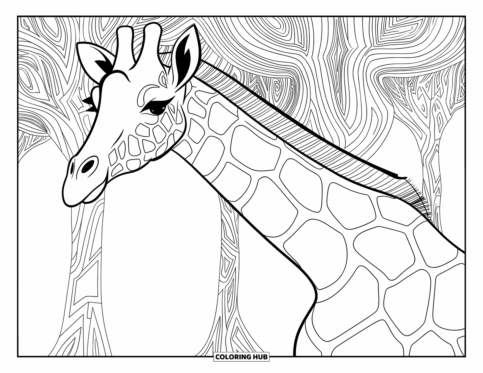 Disegno di giraffa da colorare per adulti: una giraffa con segni intricati, che si fonde perfettamente con uno sfondo di foresta modellato