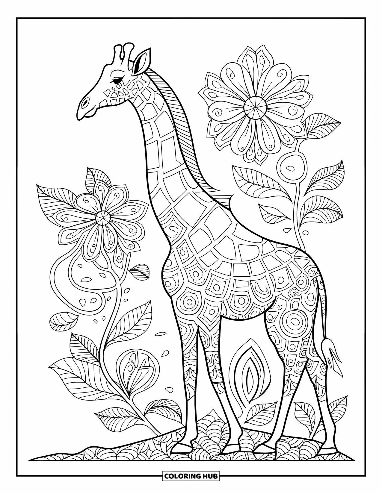 Disegno di giraffa da colorare per adulti: una giraffa con dettagli simili a mandala, circondata da motivi floreali e naturali vorticosi