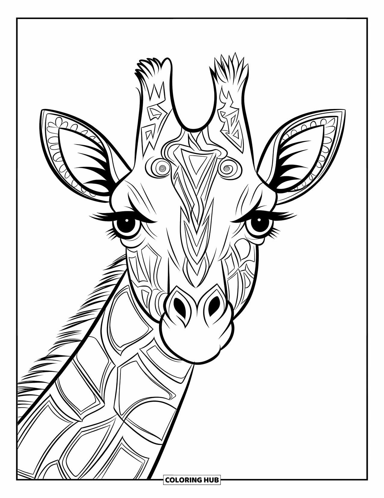 Disegno di giraffa da colorare per adulti: il volto di una giraffa con elaborate marcature, che si estendono lungo il suo collo lungo e curvo