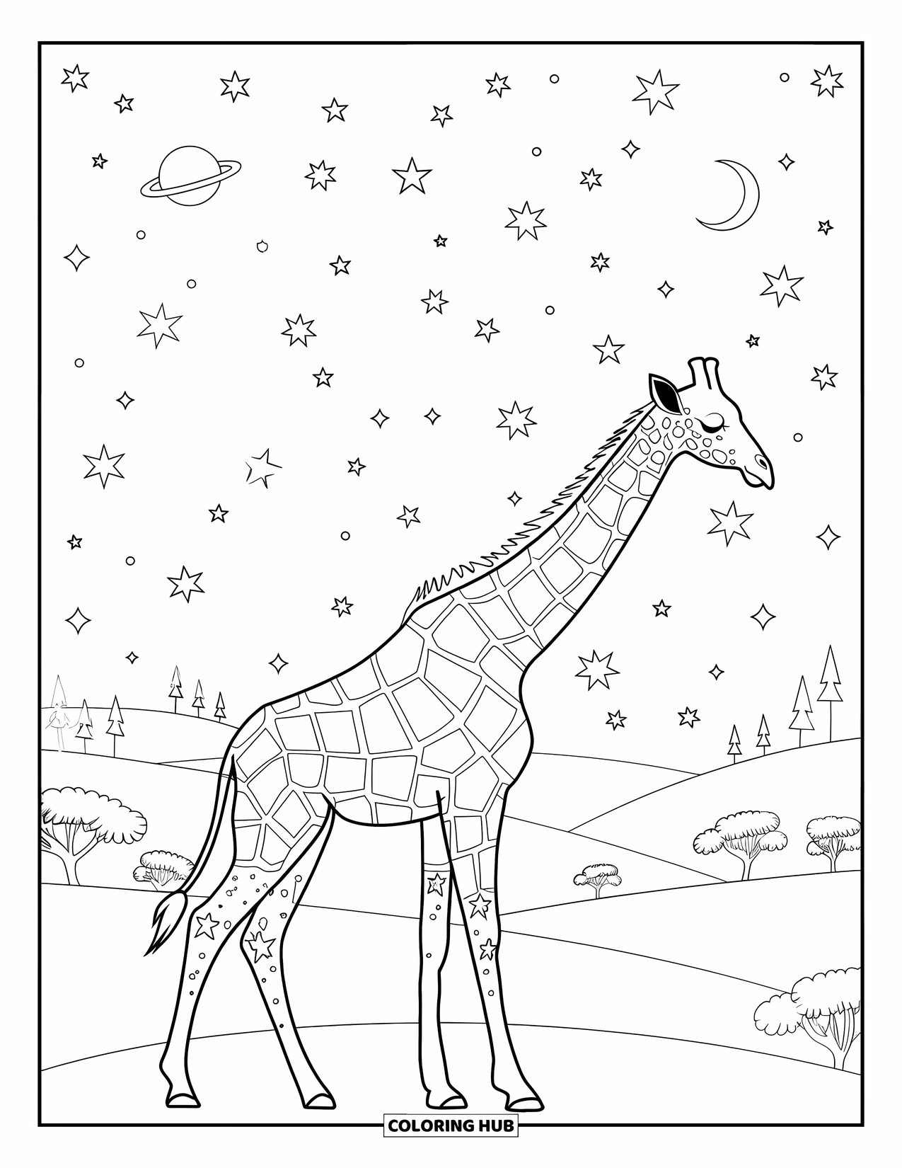 Disegno di giraffa da colorare per adulti: una giraffa decorata con un tema cosmico, ambientata in un paesaggio da sogno di dolci colline