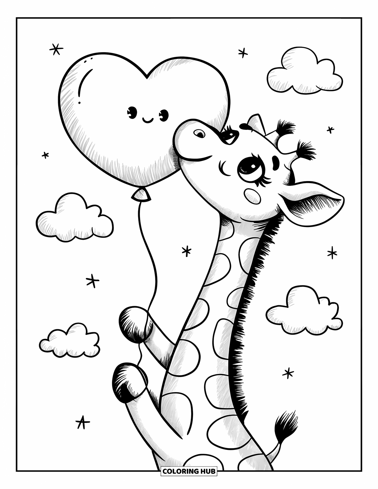 Disegno di giraffa da colorare per adulti: una giraffa bassa tiene un palloncino a forma di cuore in bocca, guardando in su con gioia