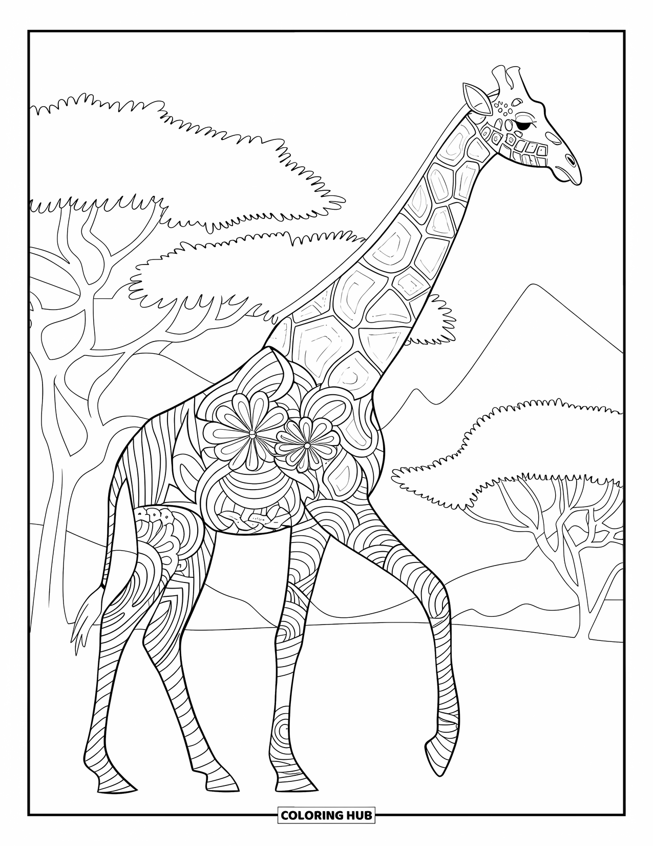 Disegno di giraffa da colorare per adulti: un'alta giraffa intrecciata con motivi floreali e astratti in un suggestivo ambiente naturale