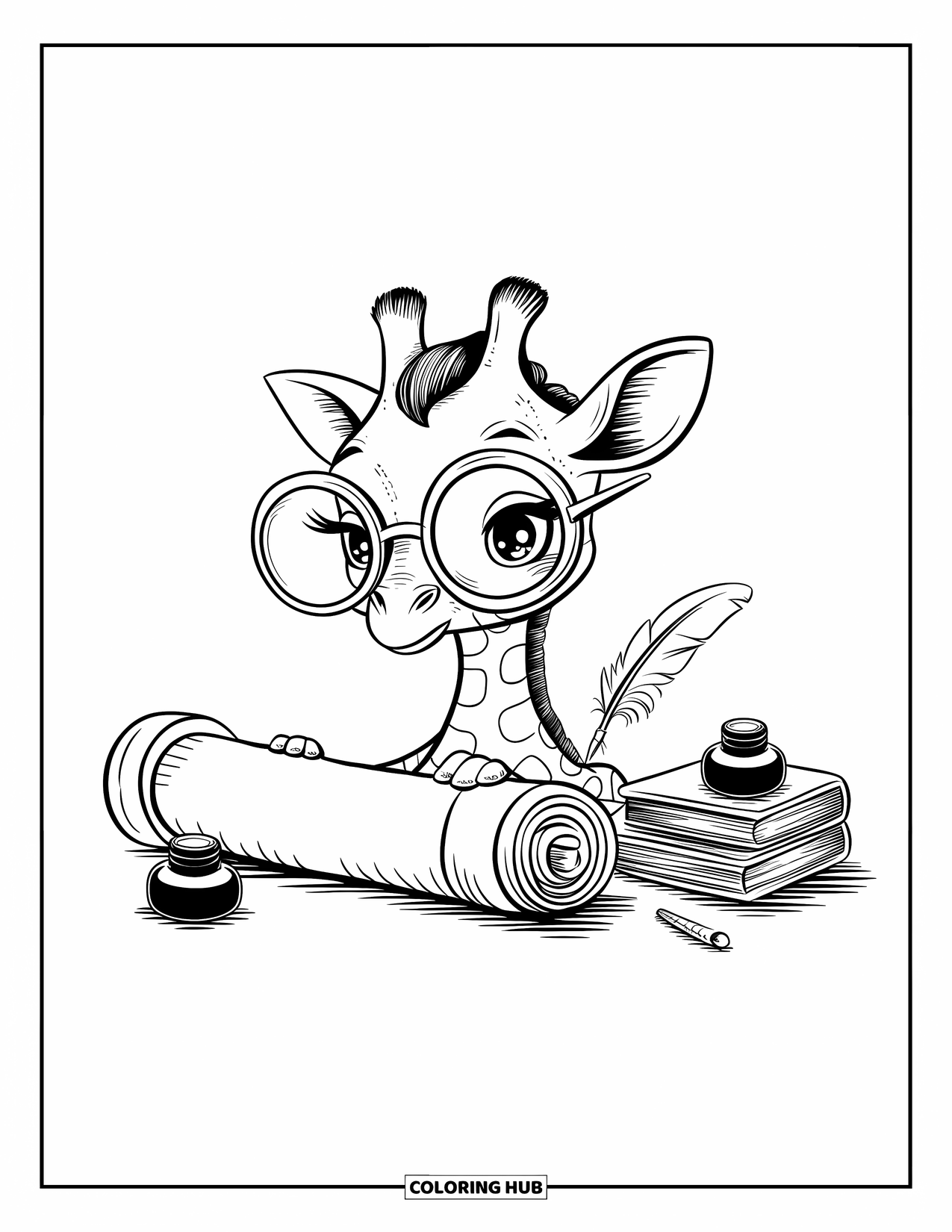 Disegno di giraffa da colorare per adulti: una minuscola giraffa con gli occhiali legge attentamente un rotolo vicino a libri e un calamaio