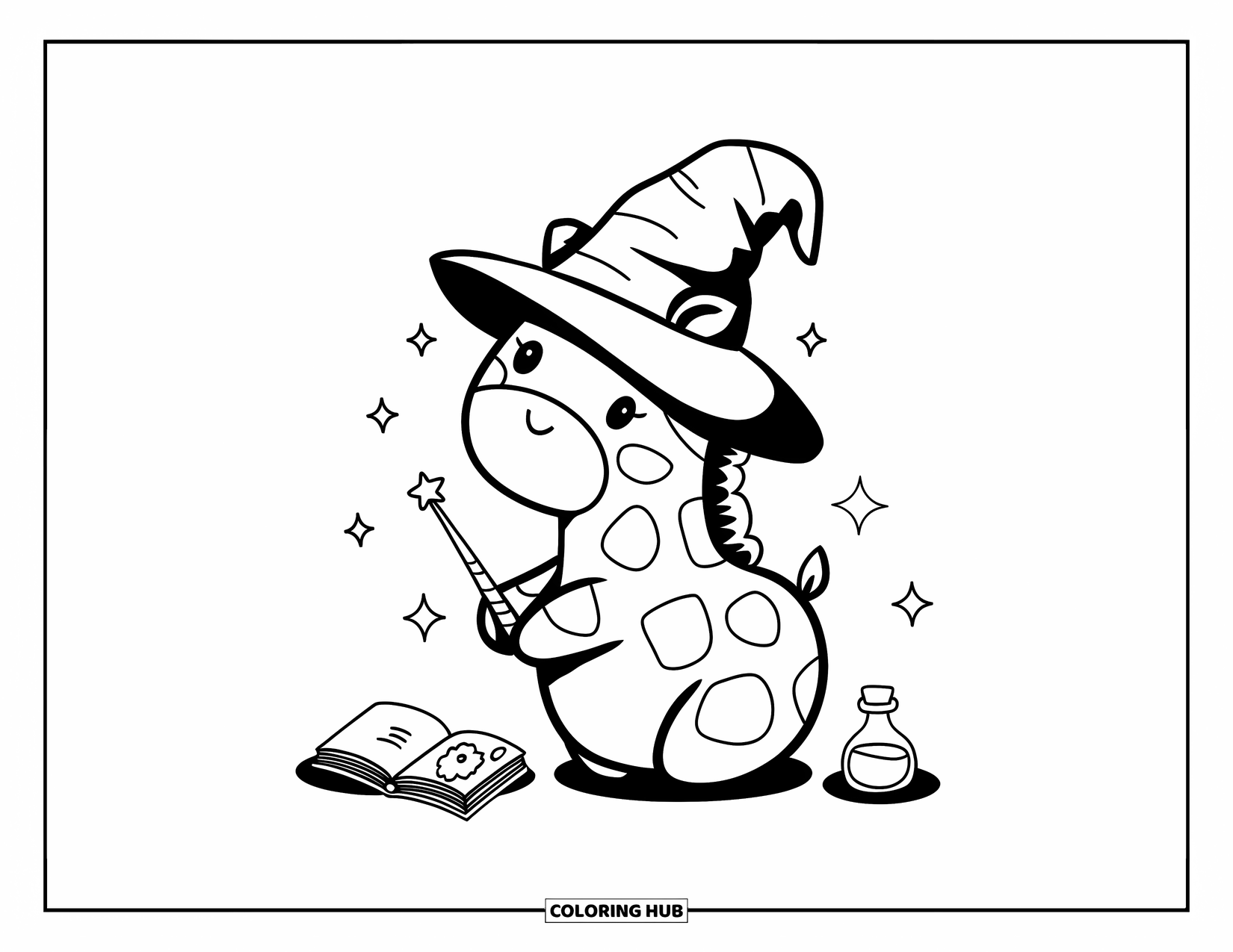 Disegno di giraffa da colorare per adulti: una giraffa magica con un cappello oversize agita una bacchetta vicino a una minuscola bottiglia di pozione