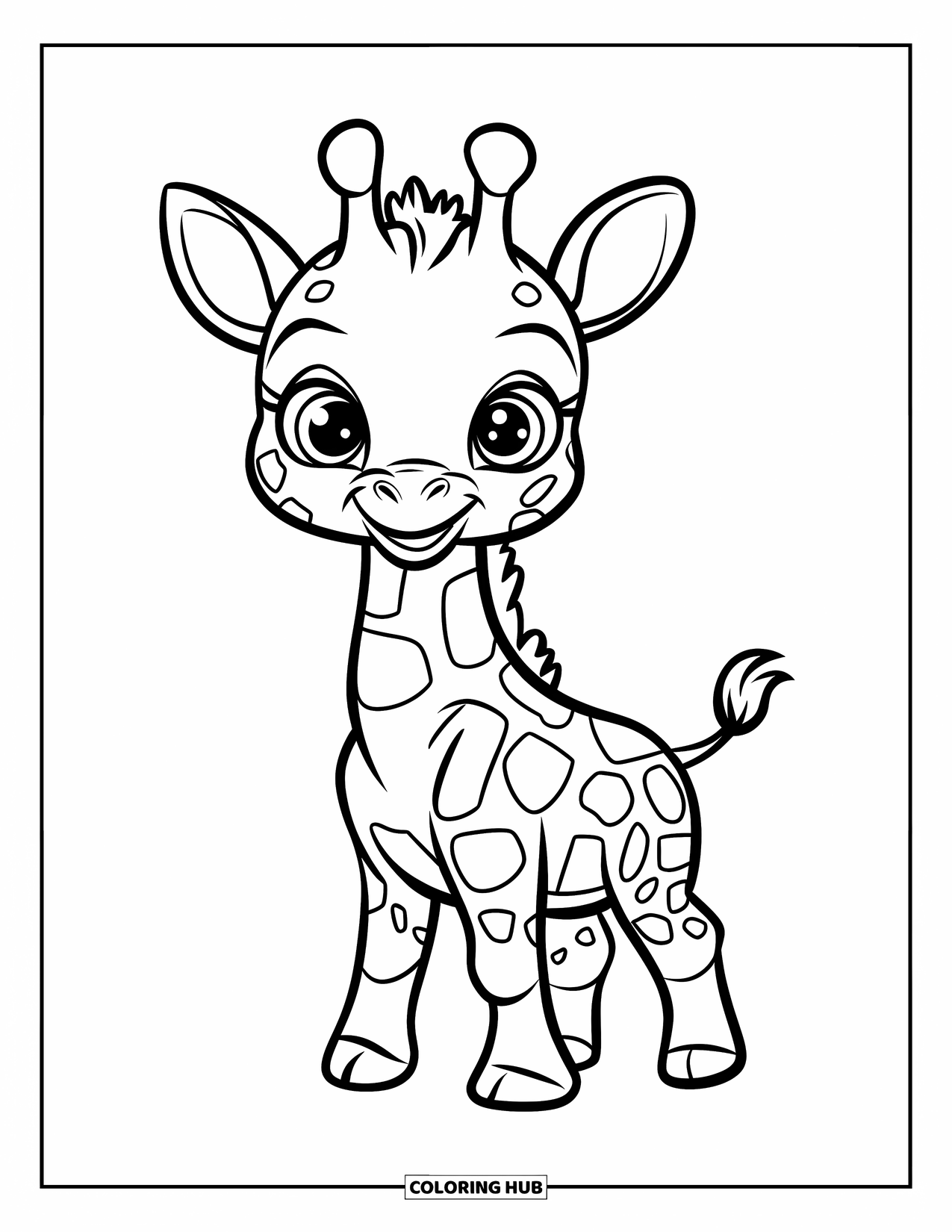 Disegno di giraffa da colorare per bambini: un cucciolo di giraffa guarda felicemente, in piedi in un ampio spazio aperto