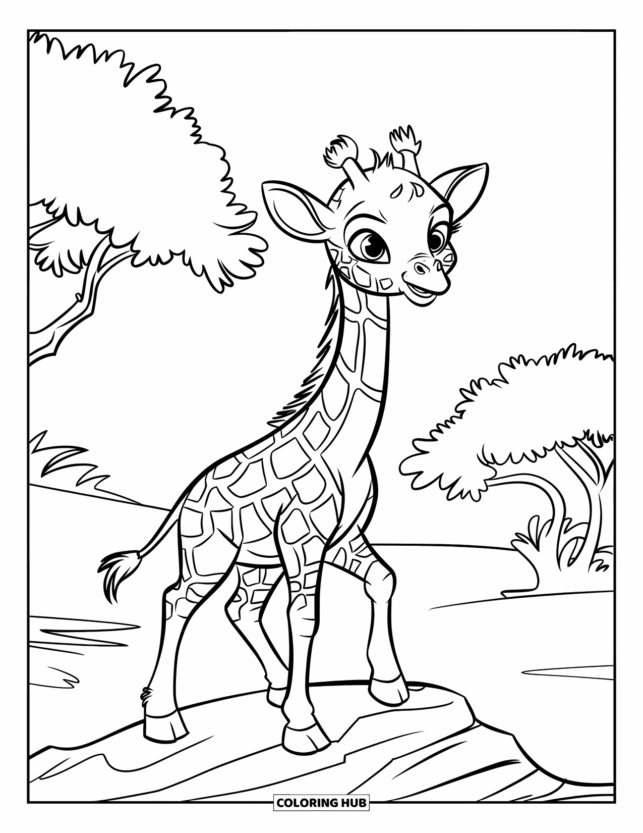 Disegno di giraffa da colorare per bambini: un cucciolo di giraffa guarda fuori da una roccia, i suoi occhi espressivi spalancati per la curiosità