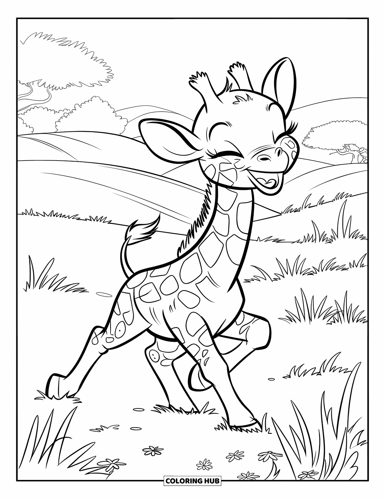 Disegno di giraffa da colorare per bambini: un cucciolo di giraffa corre attraverso i campi, le sue lunghe gambe piene di energia