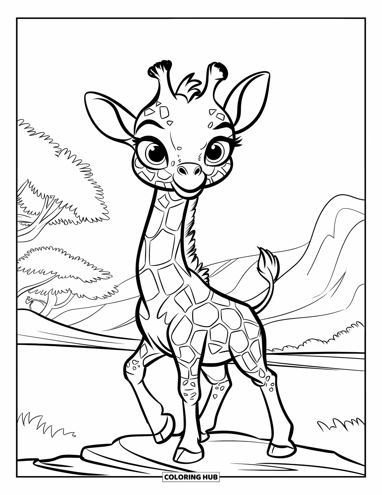 Disegno di giraffa da colorare per bambini: un cucciolo di giraffa si erge su una roccia, guardando audacemente in lontananza