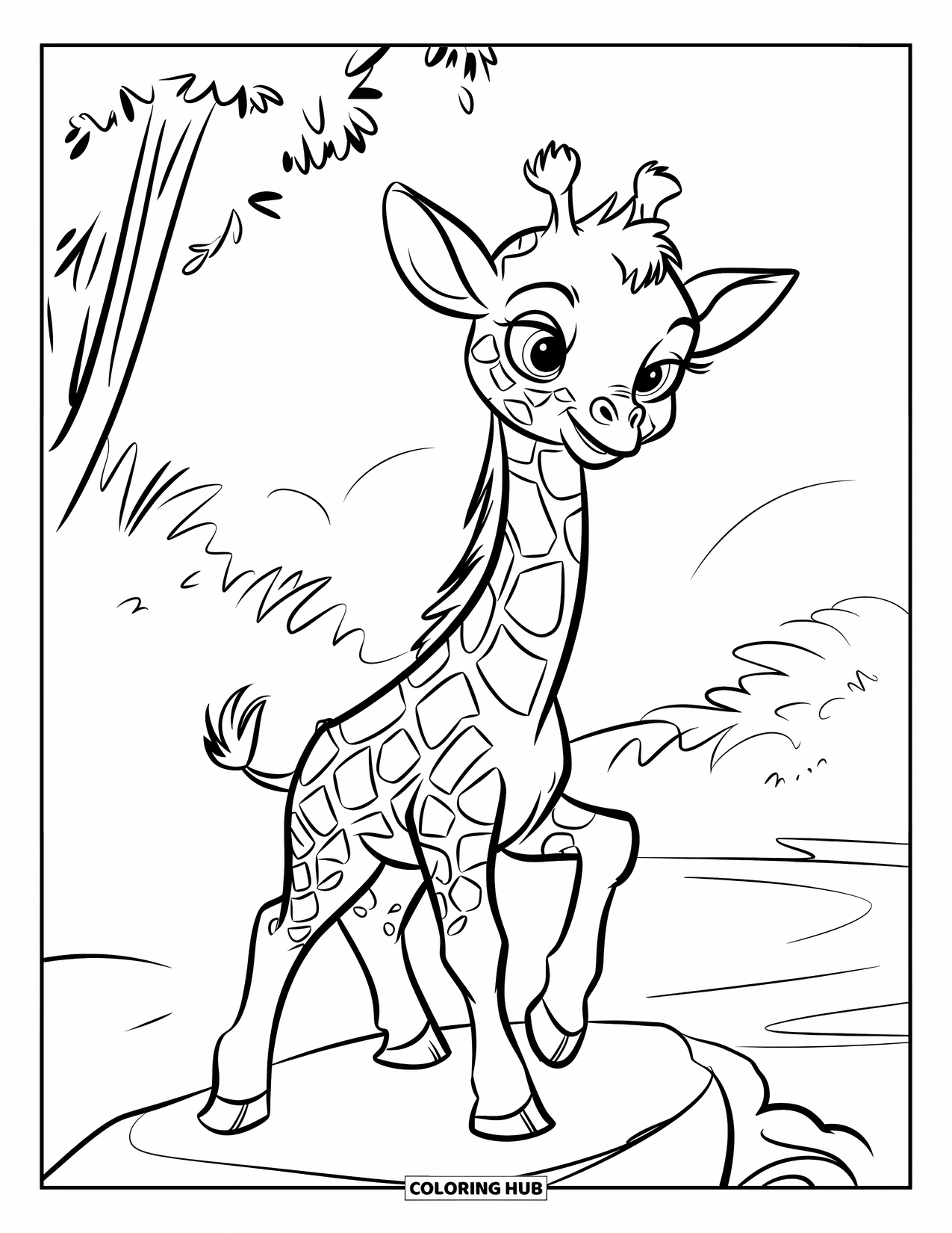 Disegno di giraffa da colorare per bambini: un cucciolo di giraffa si erge orgogliosamente su una roccia, circondato da una vegetazione lussureggiante