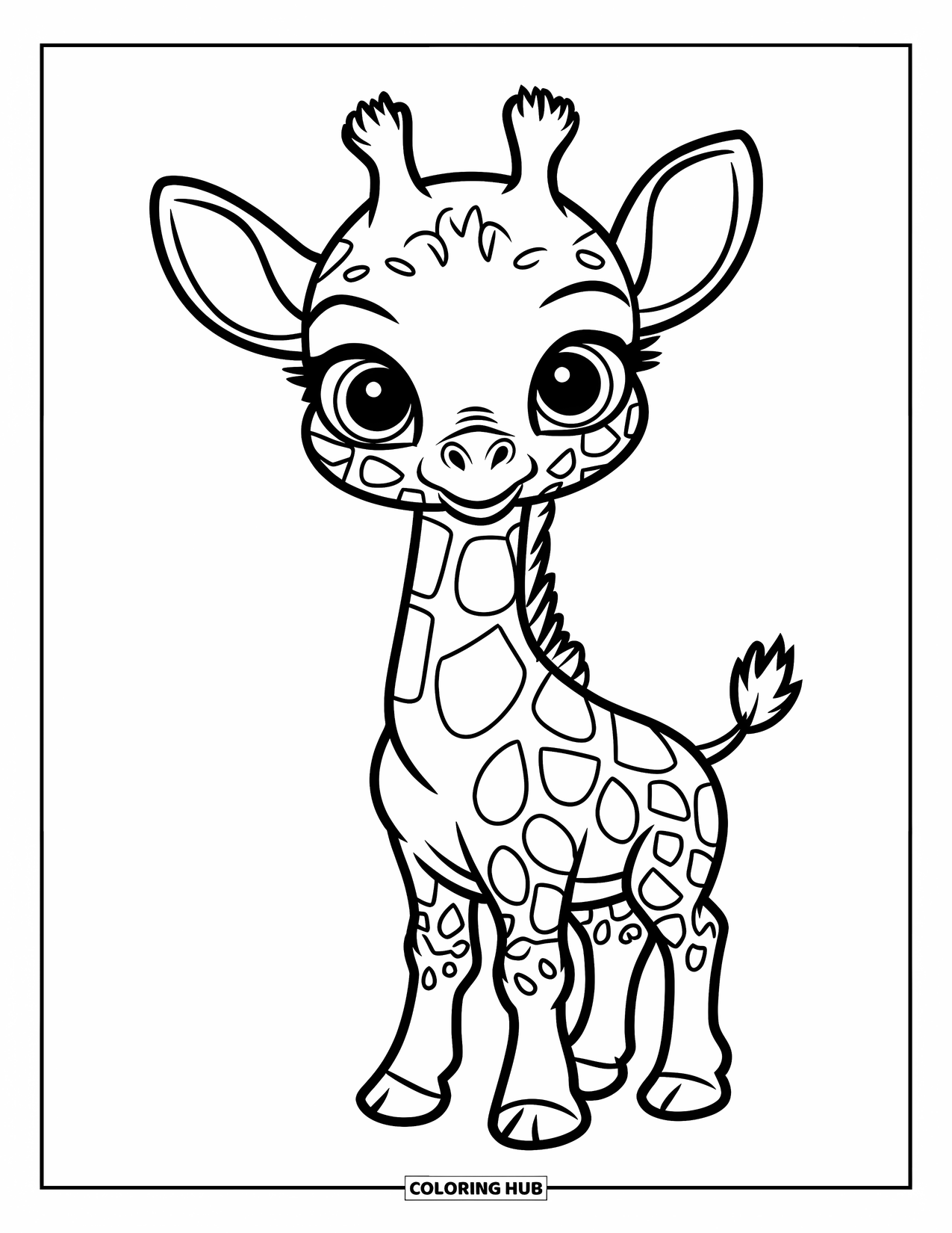Disegno di giraffa da colorare per bambini: un cucciolo di giraffa con grandi occhi rotondi sta in piedi da solo, pronto per esplorare