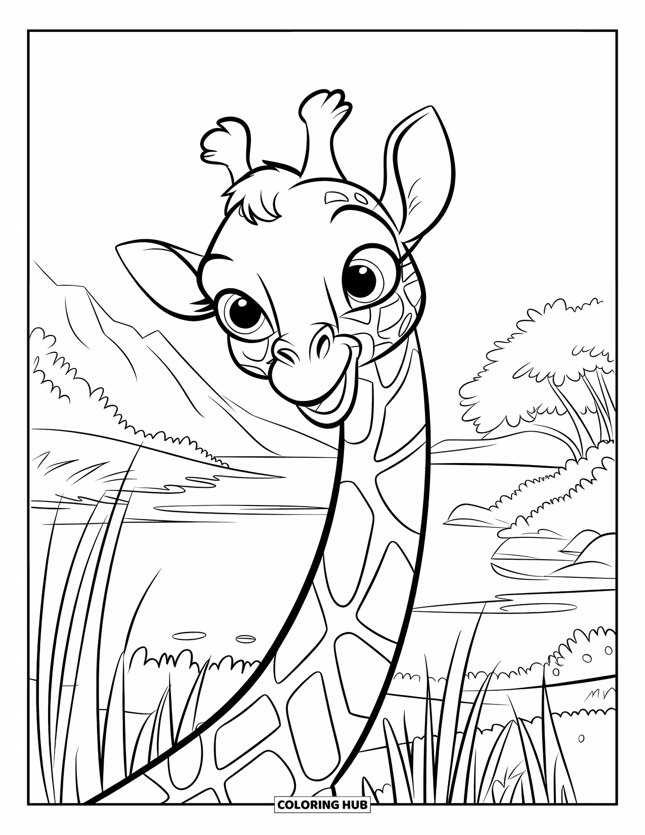 Disegno di giraffa da colorare per bambini: una giraffa curiosa inclina la testa, circondata da erba alta e un paesaggio pittoresco