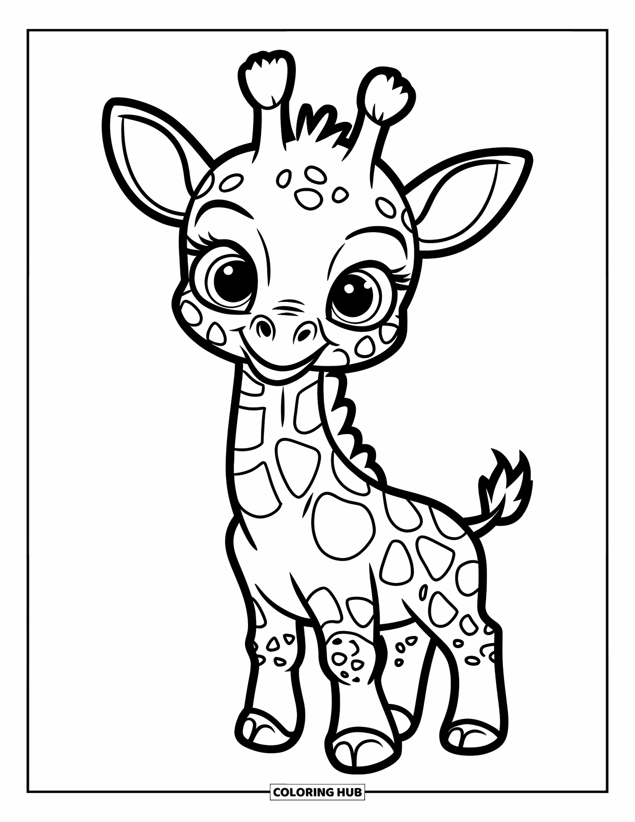 Disegno di giraffa da colorare per bambini: un cucciolo di giraffa carino si erge con occhi spalancati e un'espressione curiosa