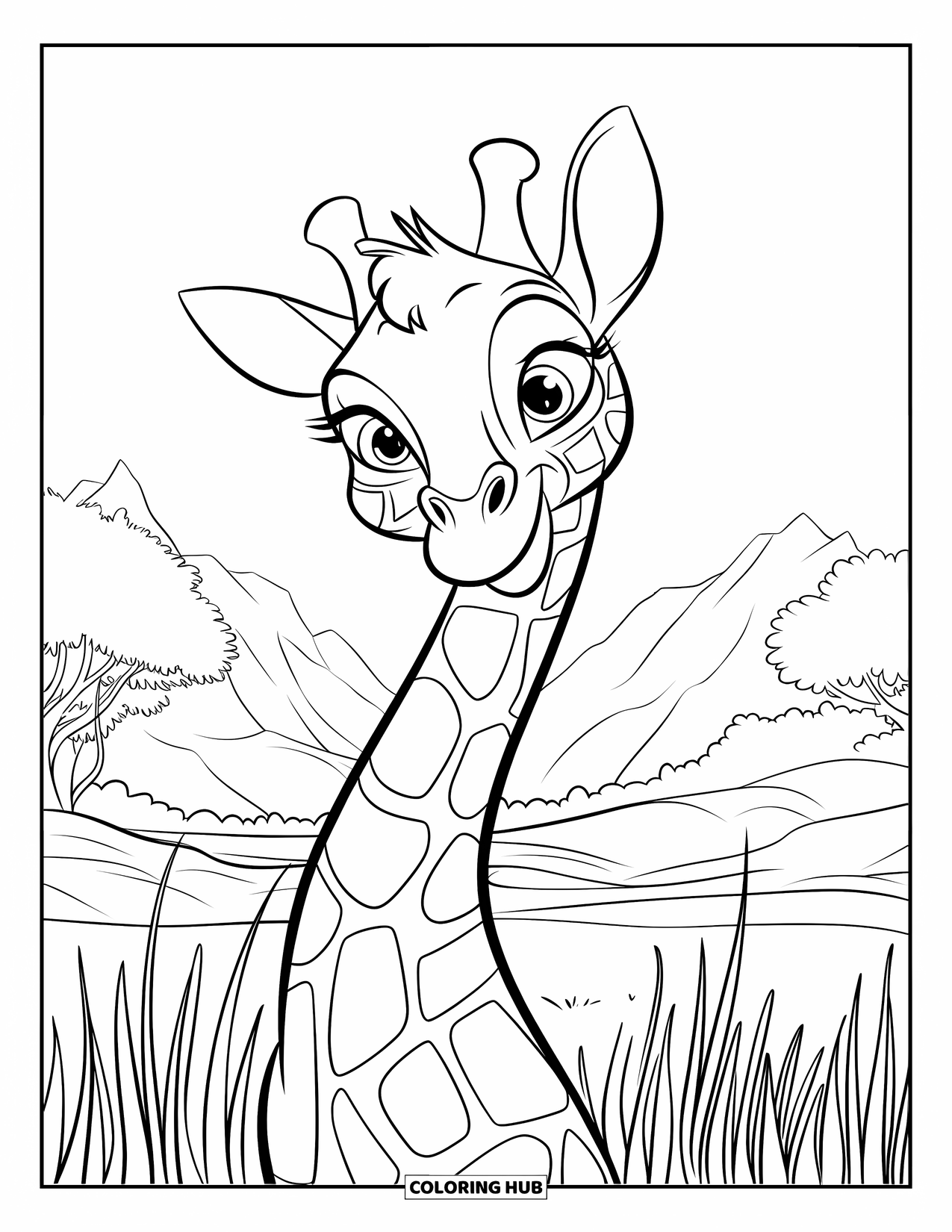 Disegno di giraffa da colorare per bambini: una giraffa carina inclina la testa mentre si trova in un campo di erba alta