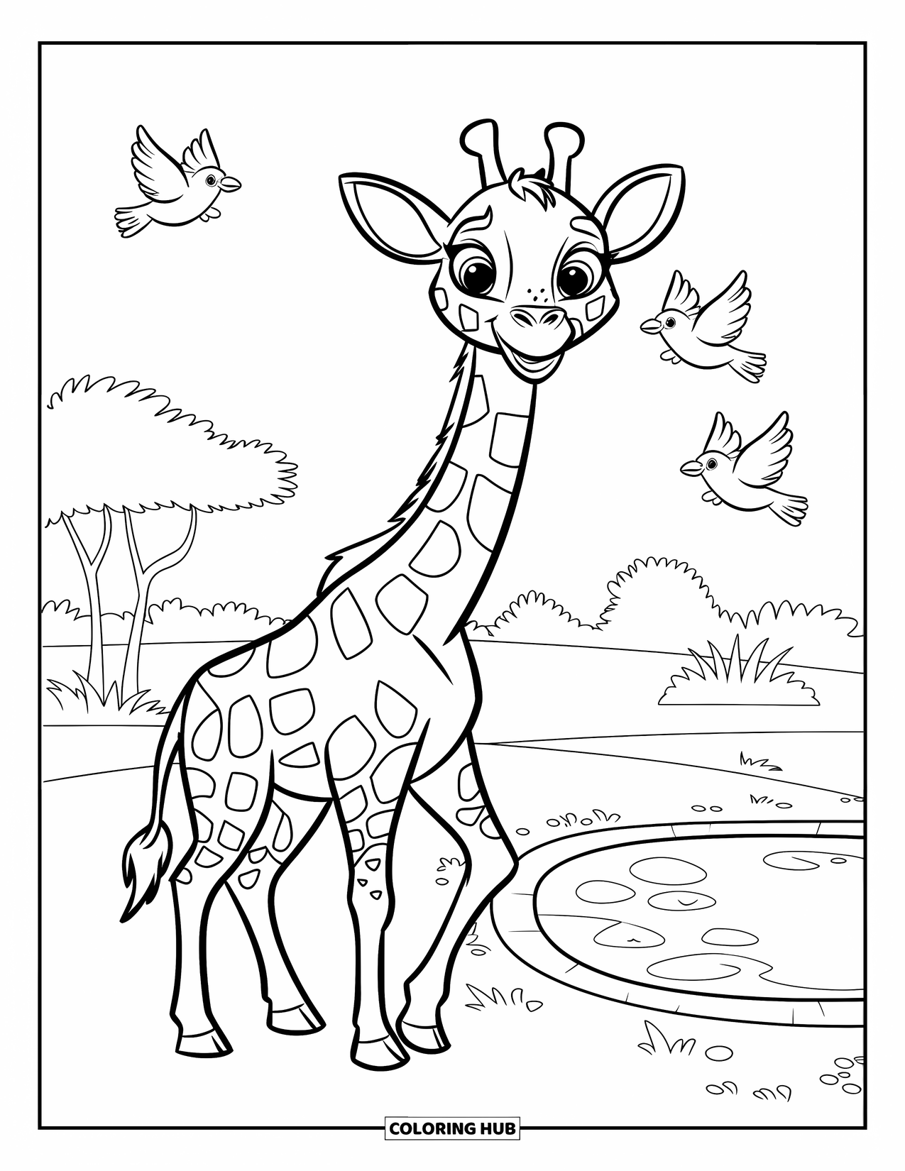 Disegno di giraffa da colorare per bambini: una giraffa amichevole si gode un momento di pace vicino a un piccolo stagno