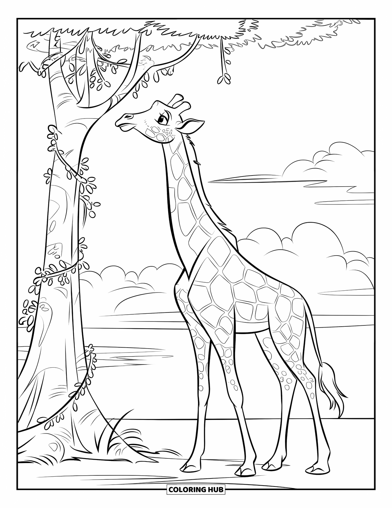 Disegno di giraffa da colorare per bambini: una giraffa guarda un albero avvolto in fitte viti sotto un cielo nuvoloso