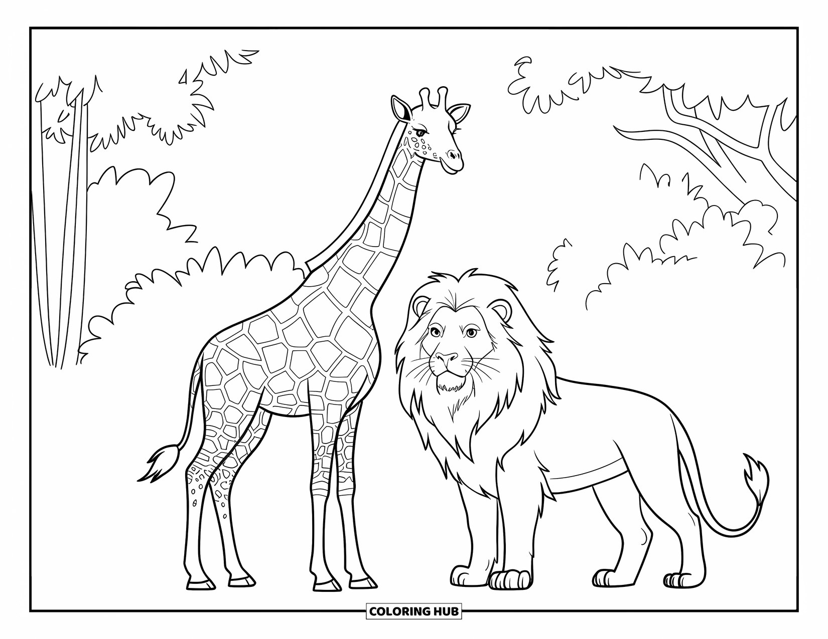 Disegno di giraffa da colorare per bambini: una giraffa con un cappello sta accanto a un leone in una foresta lussureggiante