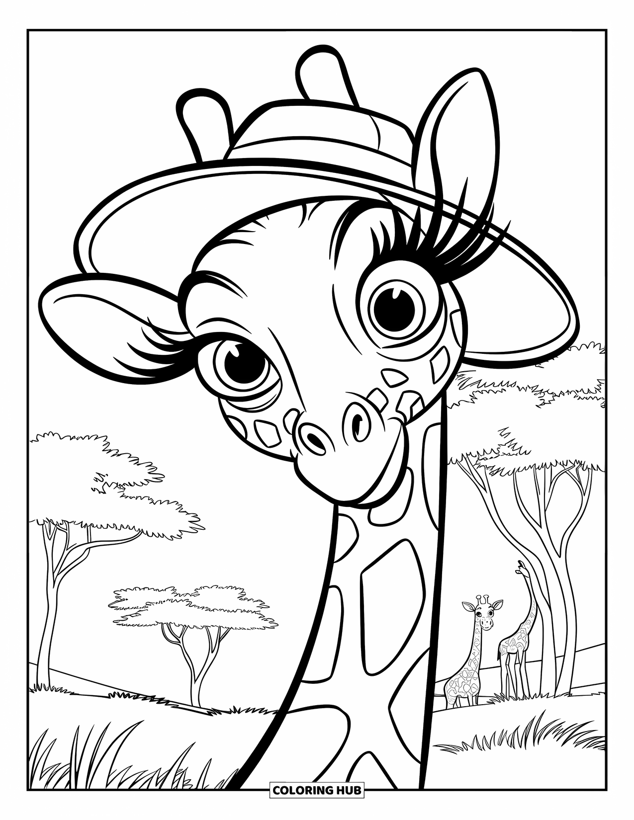 Disegno di giraffa da colorare per bambini: una giraffa con un cappello da safari sta tra gli alberi, con altre giraffe sullo sfondo