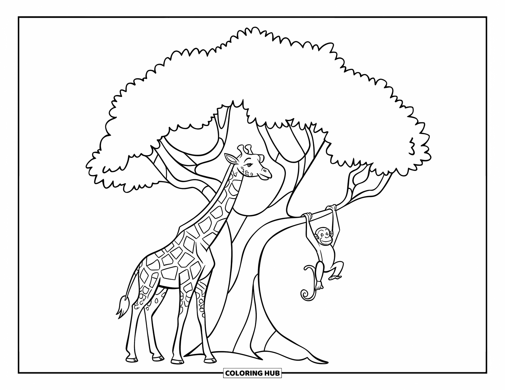 Disegno di giraffa da colorare per bambini: una giraffa con una sciarpa guarda una scimmia che si dondola da un robusto ramo di un albero