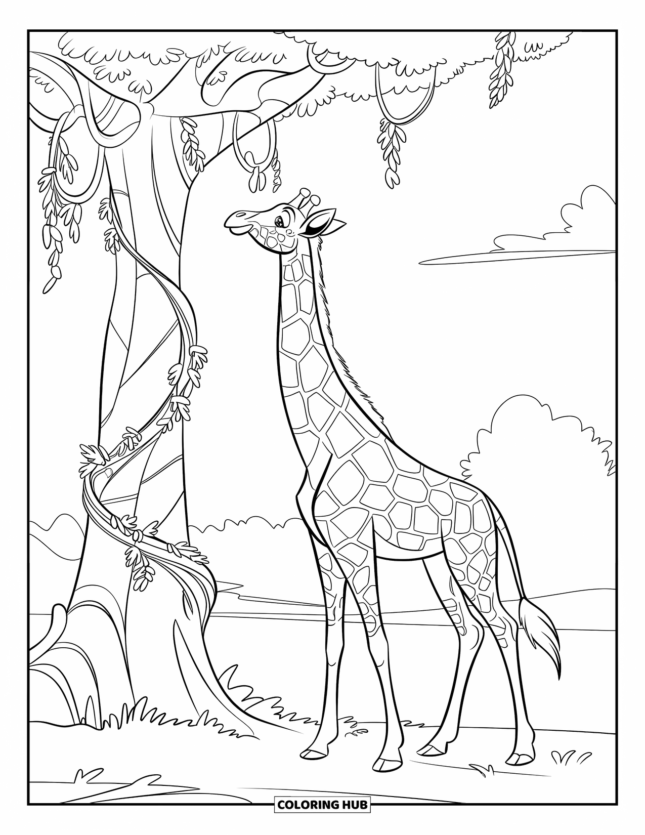 Disegno di giraffa da colorare per bambini: una giraffa guarda in su verso un albero alto coperto di viti intrecciate