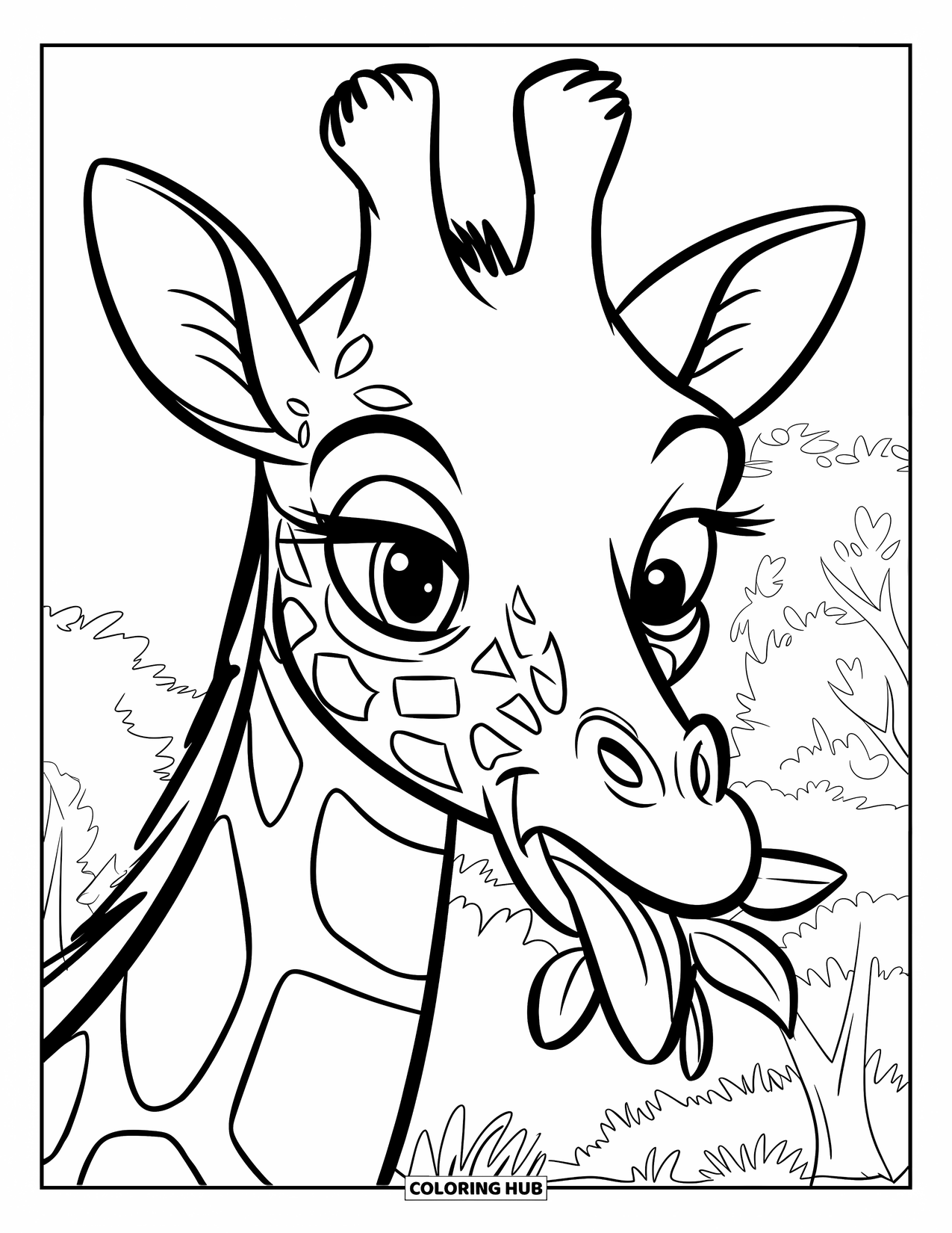 Disegno di giraffa da colorare per bambini: una giraffa fa una faccia buffa mentre si gusta un boccone di foglie