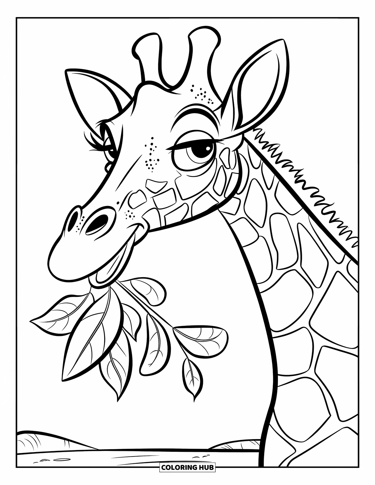 Disegno di giraffa da colorare per bambini: una giraffa mangia giocosamente le foglie, tirando fuori la lingua con un'espressione sciocca