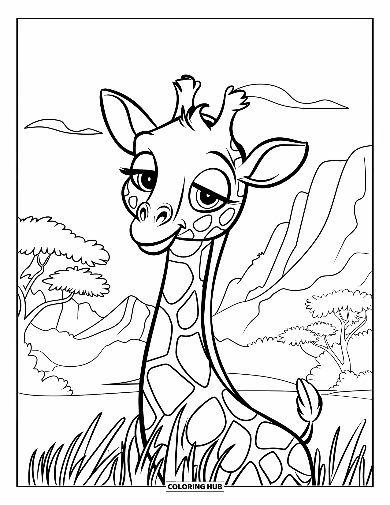 Disegno di giraffa da colorare per bambini: una giraffa si erge tra l'erba alta, guardando curiosamente il paesaggio pittoresco