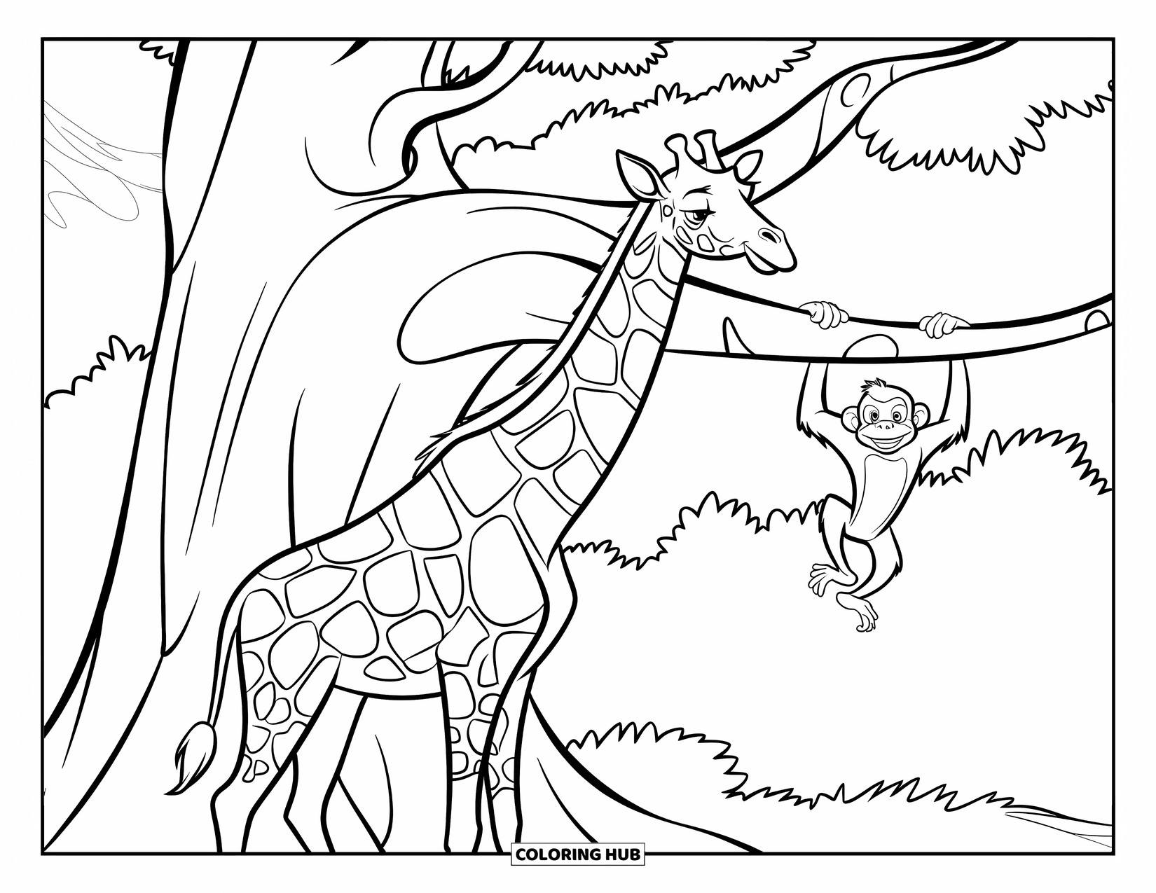 Disegno di giraffa da colorare per bambini: una giraffa si trova accanto a un grande albero mentre una scimmia si dondola dai suoi rami
