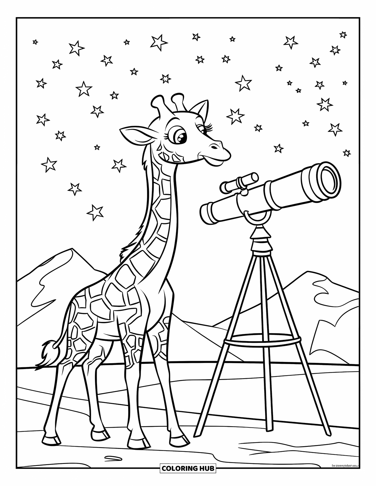 Disegno di giraffa da colorare per bambini: una giraffa sta su una collina, scrutando le stelle attraverso un telescopio