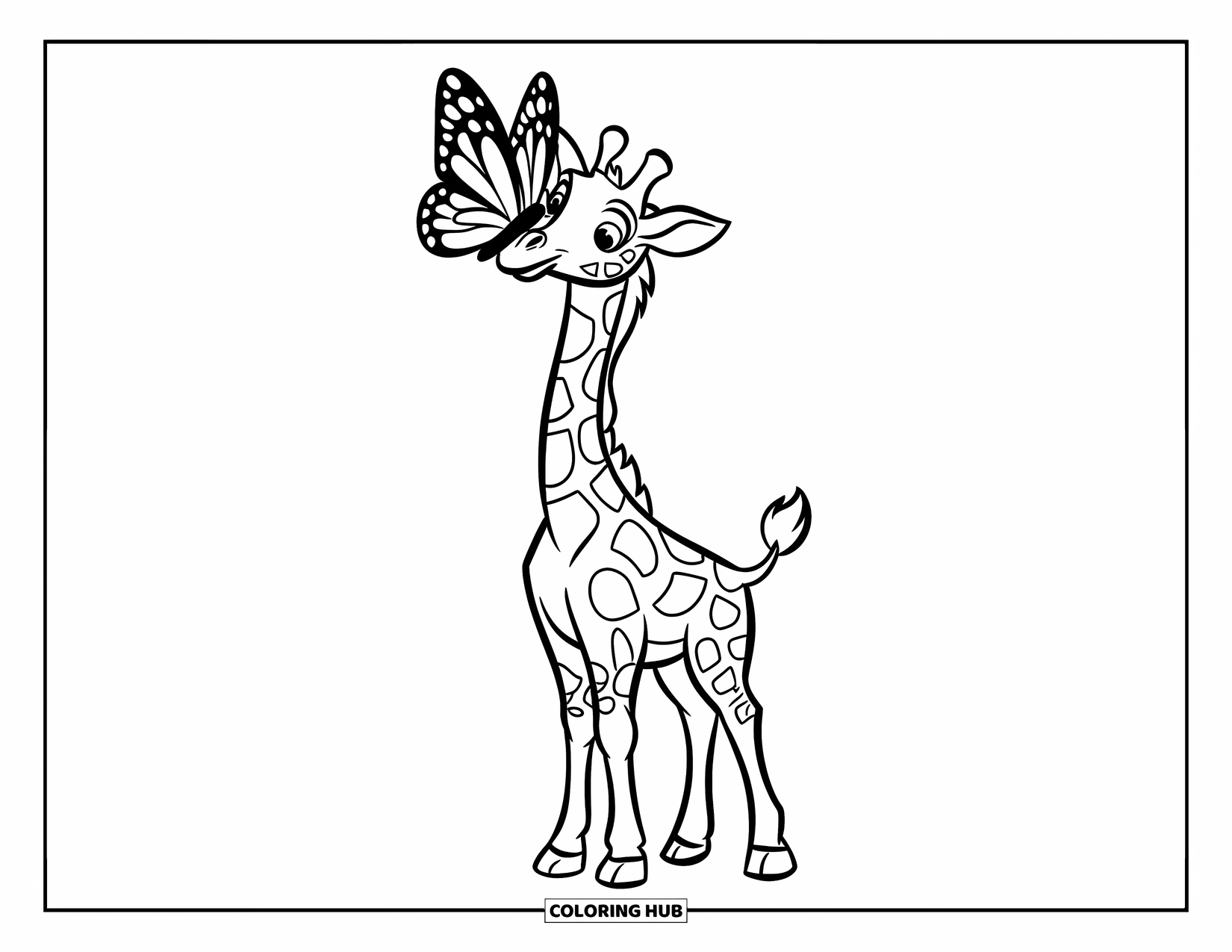 Disegno di giraffa da colorare per bambini: una giraffa sta con una farfalla delicatamente appoggiata sul naso