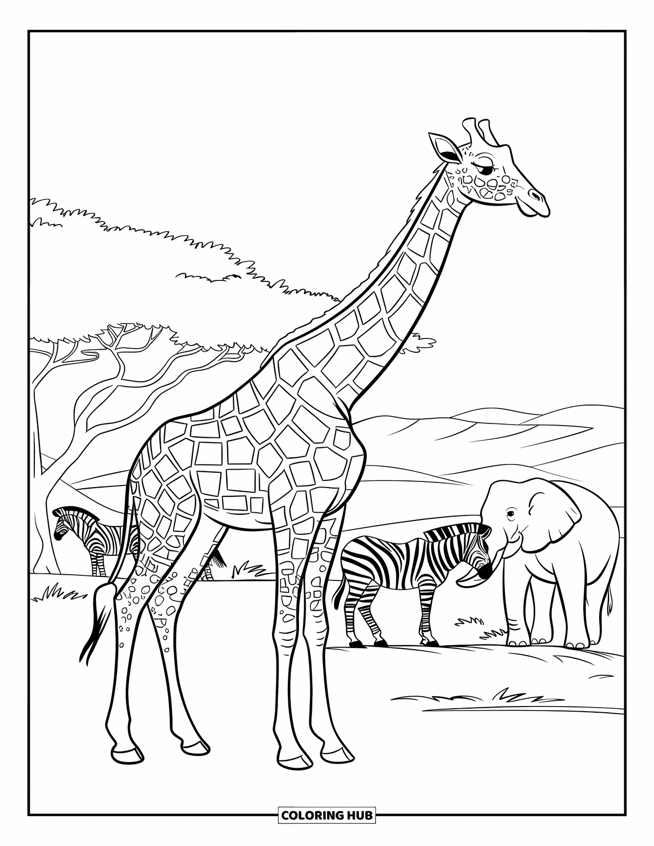 Disegno di giraffa da colorare per bambini: una giraffa allunga il collo mentre zebre ed elefanti vagano nelle vicinanze