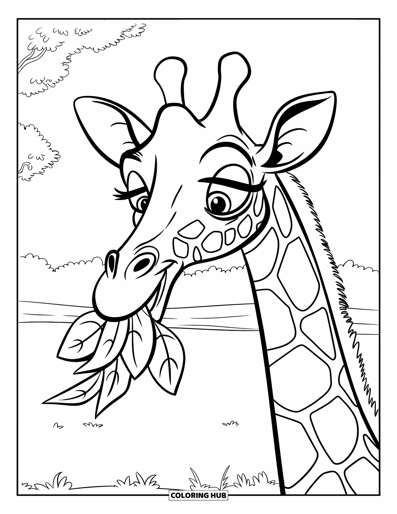 Disegno di giraffa da colorare per bambini: una giraffa con una lunga lingua sgranocchia felicemente le foglie in un campo soleggiato