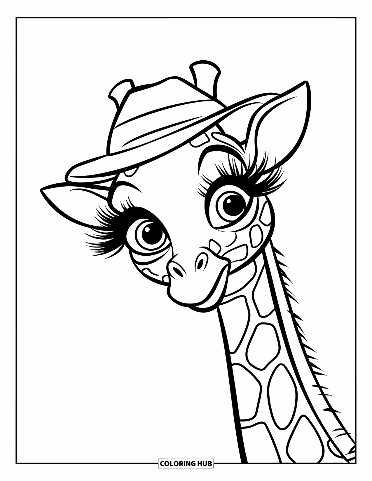 Disegno di giraffa da colorare per bambini: una giraffa con ciglia esagerate e un cappello da safari si erge nella savana erbosa