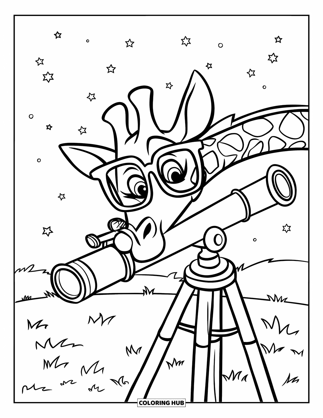 Disegno di giraffa da colorare per bambini: una giraffa con gli occhiali osserva le stelle attraverso un telescopio su un supporto di legno