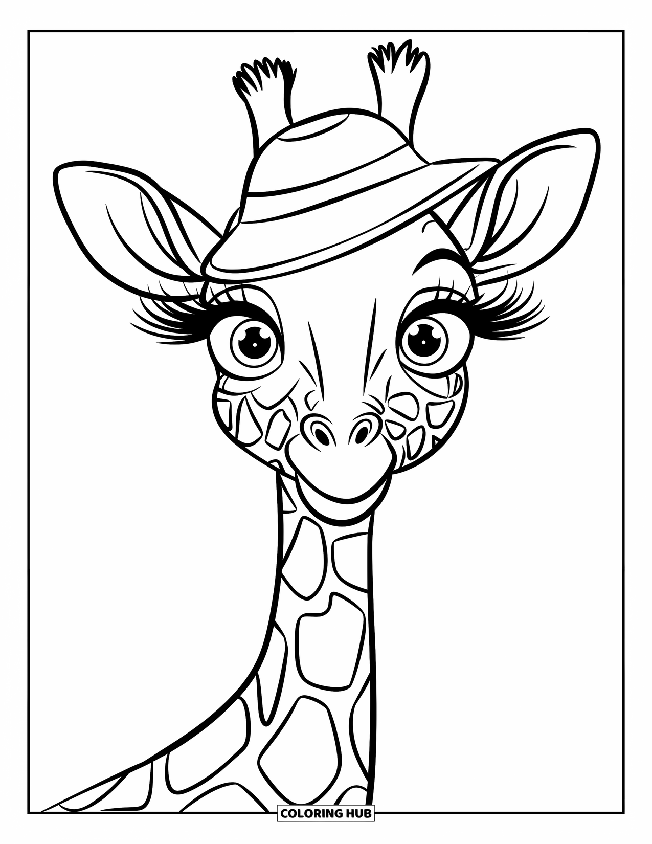 Disegno di giraffa da colorare per bambini: una giraffa con lunghe ciglia indossa un cappello da safari e si erge orgogliosamente