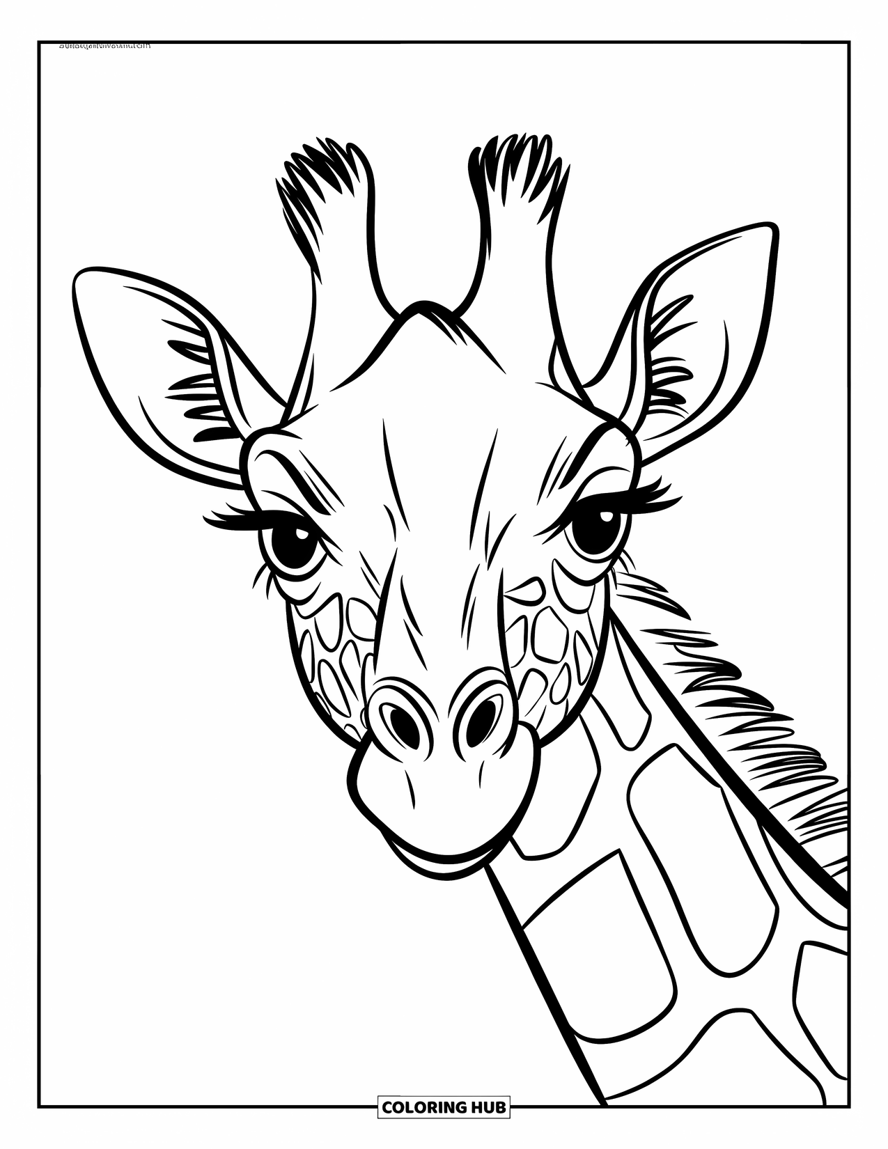 Disegno di giraffa da colorare per bambini: una giraffa con occhi dolci e motivi intricati si staglia su uno sfondo semplice