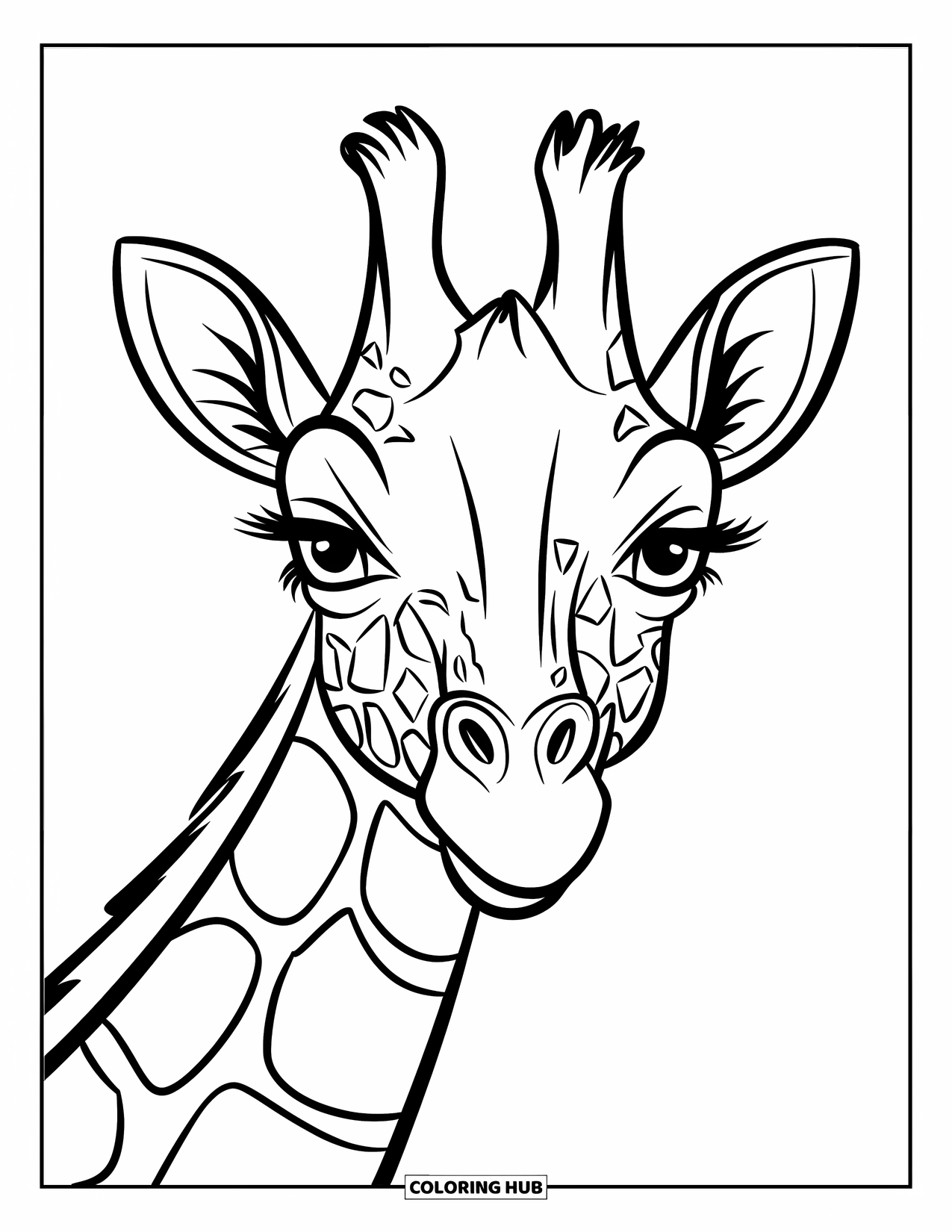 Disegno di giraffa da colorare per bambini: il volto di una giraffa riempie l'inquadratura, mostrando la sua espressione gentile e le macchie a motivi