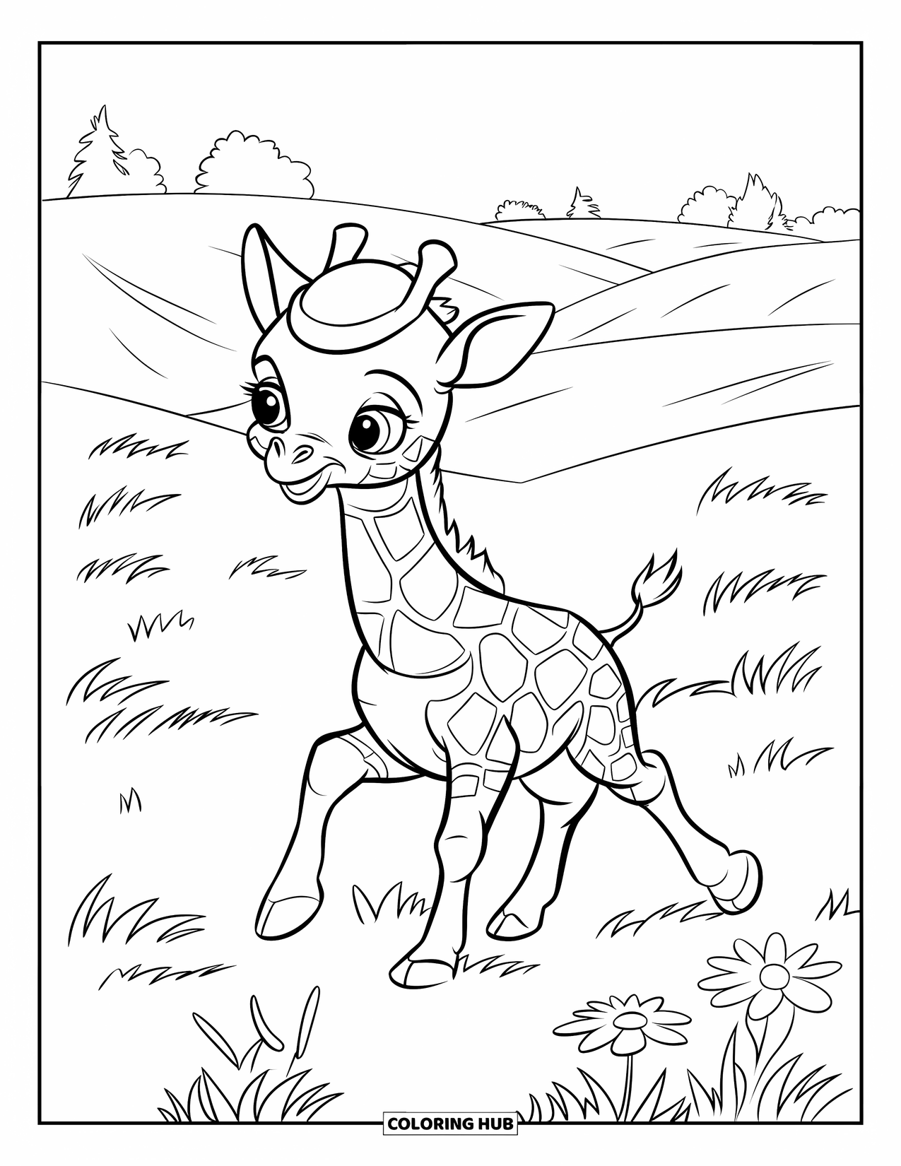 Disegno di giraffa da colorare per bambini: una giraffa felice corre attraverso le pianure erbose, circondata da fiori e colline
